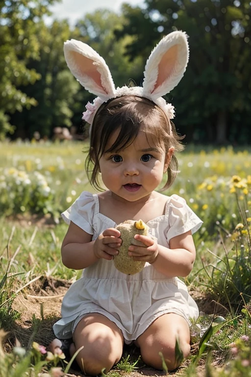 Craft a scene where a curious , adorned with bunny rabbit ears, encounters a real bunny in a sunlit meadow.