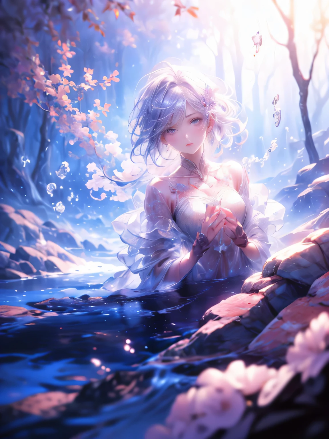 (fullbody shot), (a girl wearing) a transparent red dress resembling a jellyfish,(best quality,4k,8k,highres,masterpiece:1.2),ultra-detailed,ethereal lighting,flowing fabric effect,vivid colors,glowing jellyfish-like patterns,underwater scenery,wine red tones,delicate ripples and movements,hauntingly beautiful,(realistic,photorealistic,photo-realistic:1.37),dreamlike atmosphere,sparkling rays of sunlight,subtle reflections,soft focus,sublime elegance,graceful poses.octans