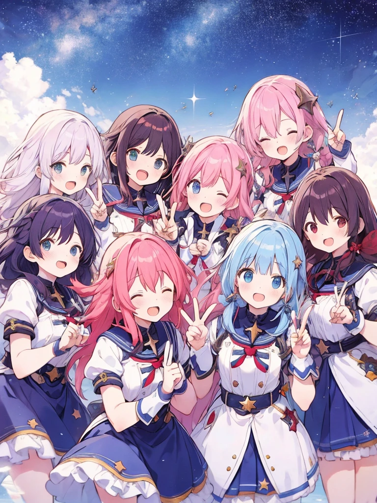 6+ girls, multiple colored hairs, random heroine clothes, random cute faces, game heroines, super happy smiling, open mouth, closed eyes, group shot, zoom camera, peace sign, happy end, starry sky