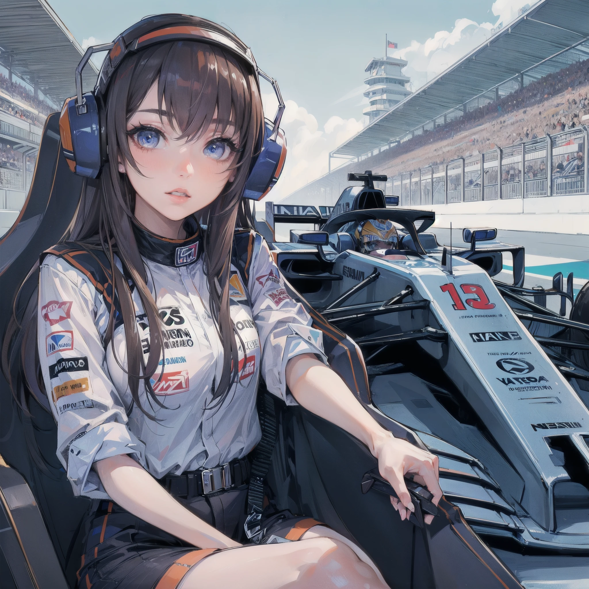 high quality,HD,16k,sharp lines,1 girl,Female f1racer athlete ,cute face, large breasts, nice legs,At the racing venue,focus girl,detailed beautiful face,detailed clothes,beautiful eyes,cool,dynamic angle