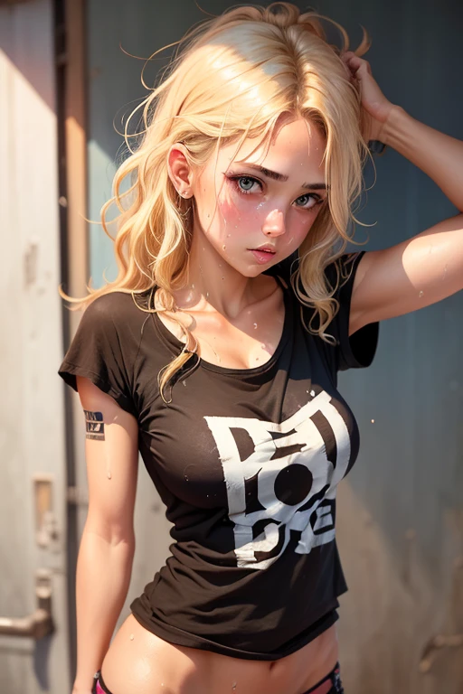 (1girl), medium breasts, tan, dewy skin, sweaty skin, wavy blonde hair, punk tshirt, punk girl