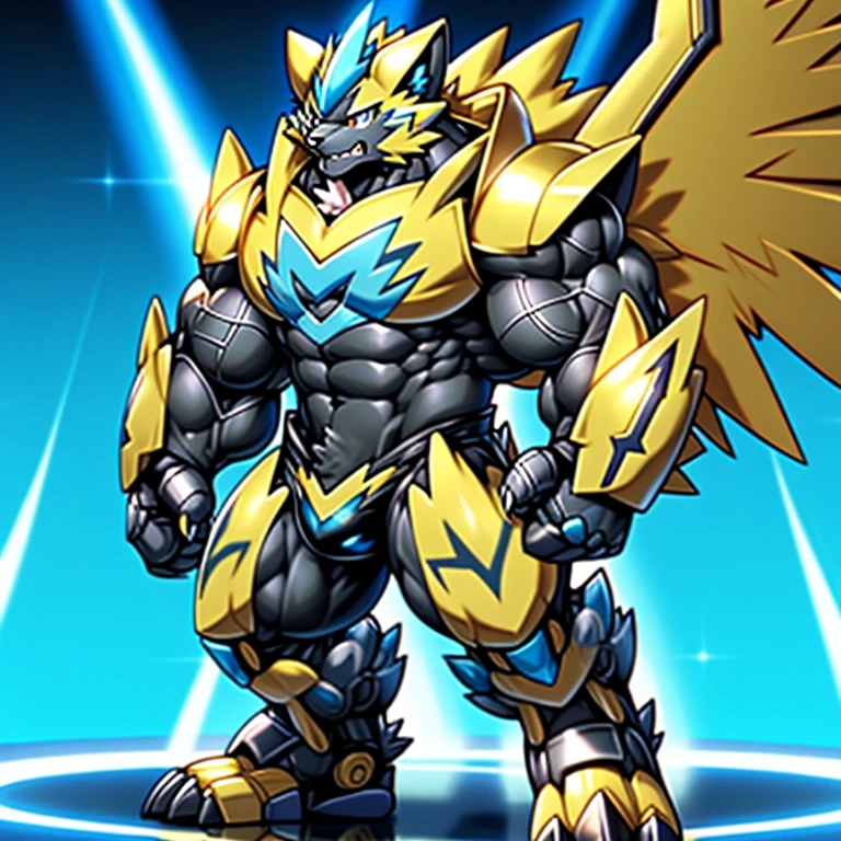 (Pokémon) Zeraora's giant robot.
Gigantic ZERAORA,
GIANT.
Protecting Zeraora's design and color scheme.
wears a black cloak on his back.
whole body shines like metal.
Wearing cyberpunk mecha, emphasizes the muscles.
He wears the same armor as himself from head to foot. (emphasizes the muscles.)
suit fully made of metal,
intricate armor, Robotic suit, suit fully made of metal, cyborg,
big muscle.
pecs, triceps,
body full of huge muscles.
unusually developed muscular body,
A Zeraora at the bodybuilding competition,
massive,
huge muscular bodybuilder with extraordinary biceps, pecs, triceps, traps, gigachad, 300 lbs.
The claws are sharp, Sharp teeth,
with huge golden laser sword,
metallic eagle shaped wings,
bulge in the crotch wears a small black string thong that reveals huge muscular thighs. (metallic color: jet black thong)