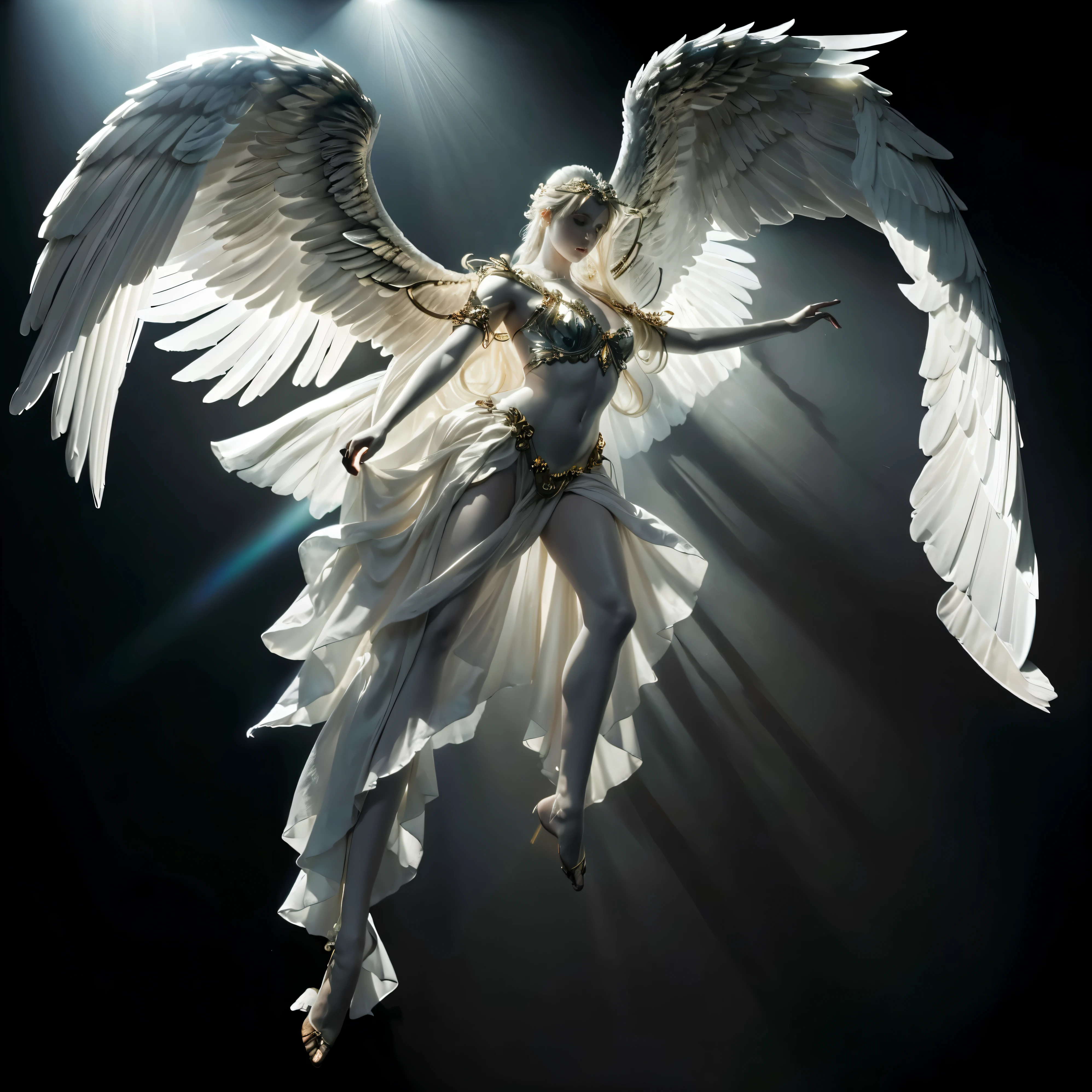white bright glowing angel on black background, flying pose, beautiful woman angel, ascending, very big wings, giantic angel wings, closeup angel wings, angel is light source, over exposured angel, masterpiece photo, photorealism, detailed angel wings