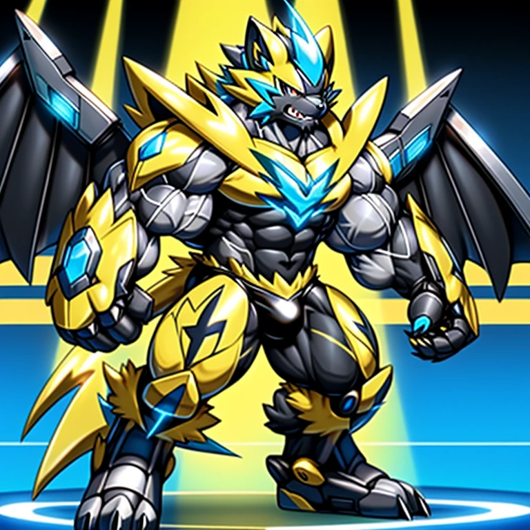 (Pokémon) Zeraora's giant robot.
Gigantic ZERAORA,
GIANT.
Protecting Zeraora's design and color scheme.
wears a black cloak on his back.
whole body shines like metal.
Wearing cyberpunk mecha, emphasizes the muscles.
He wears the same armor as himself from head to foot. (emphasizes the muscles.)
suit fully made of metal,
intricate armor, Robotic suit, suit fully made of metal, cyborg,
big muscle.
pecs, triceps,
body full of huge muscles.
unusually developed muscular body,
A Zeraora at the bodybuilding competition,
massive,
huge muscular bodybuilder with extraordinary biceps, pecs, triceps, traps, gigachad, 300 lbs.
The claws are sharp, Sharp teeth,
with huge golden laser sword,
metallic eagle shaped wings,
bulge in the crotch wears a small black string thong that reveals huge muscular thighs. (metallic color: jet black thong)
