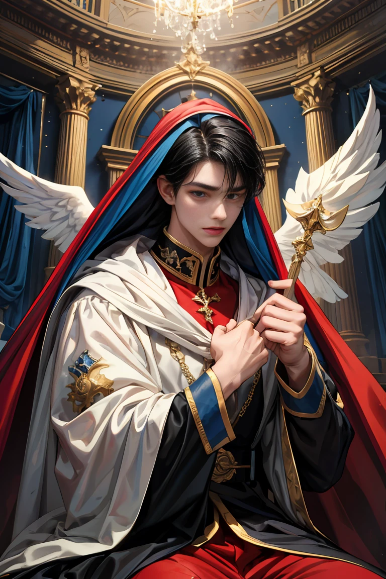 
masterpiece, 最high quality, high quality, 1 boy, alone, Male focus, Watching the audience,  Messy black hair, blue adorable big eyes, White, Noble, Noble, Beautiful angel、A very big, very big, very big, very long, long red and black cape made with a lot of fabric that reaches all the way down to the floor, 17 years old,cute beautiful boy,cute cute handsome boy