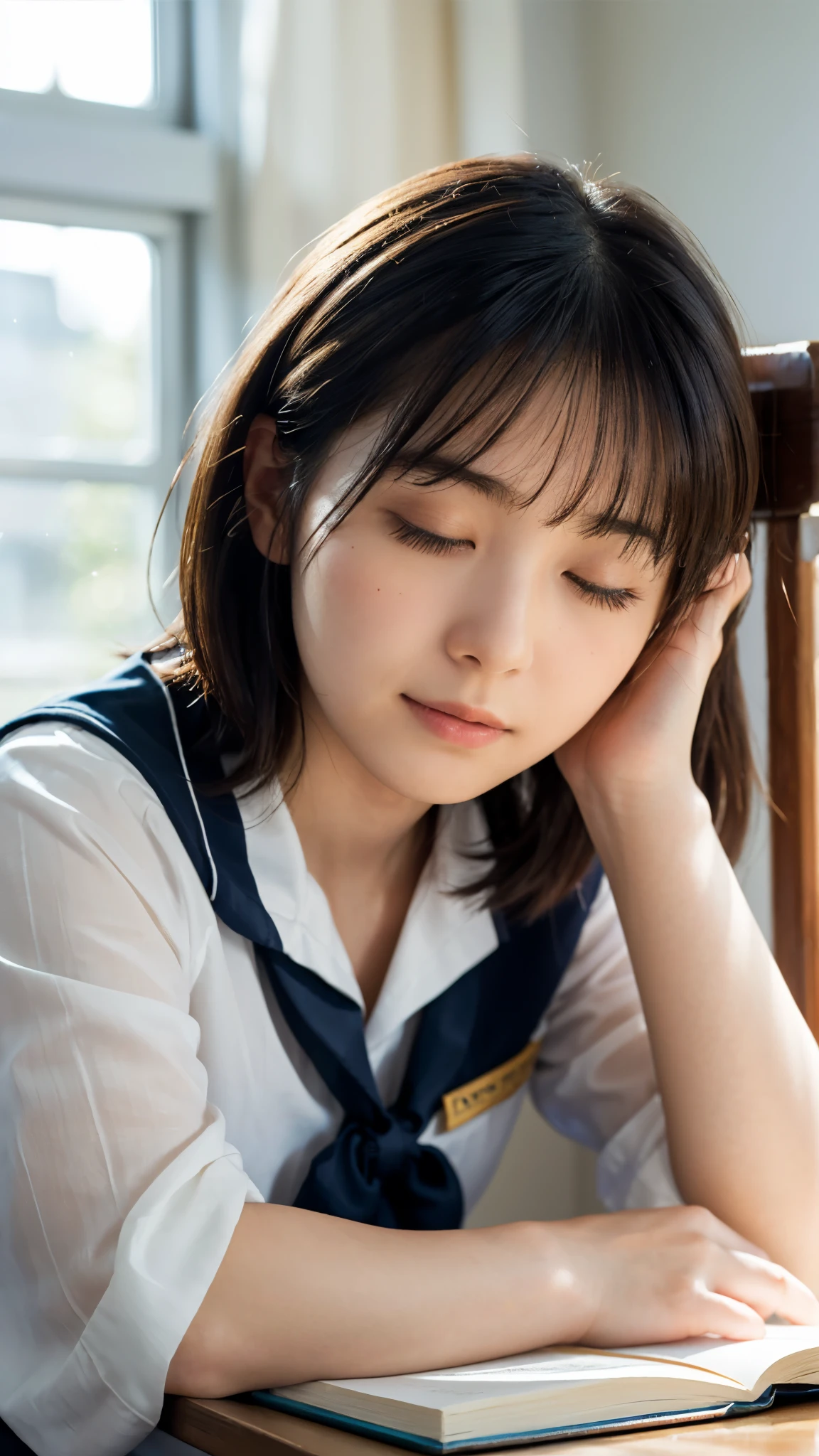 (highest quality,masterpiece:1.3,Ultra-high resolution),(Super detailed,Caustics,8k),(Photorealistic:1.4,RAW shooting),(School classroom),(Girl sleeping with her head on the desk:1.2),Sit on a chair,18-year-old,Japanese,Short black hair,(cute sleeping face),(Eyes closed:1.1),Sailor suit,(The light coming in from the window illuminates the girl:1.1),(Curtains fluttering in the wind),(Bust up shot),(Face Focus:1.1),(Face close up:1.1),Natural light