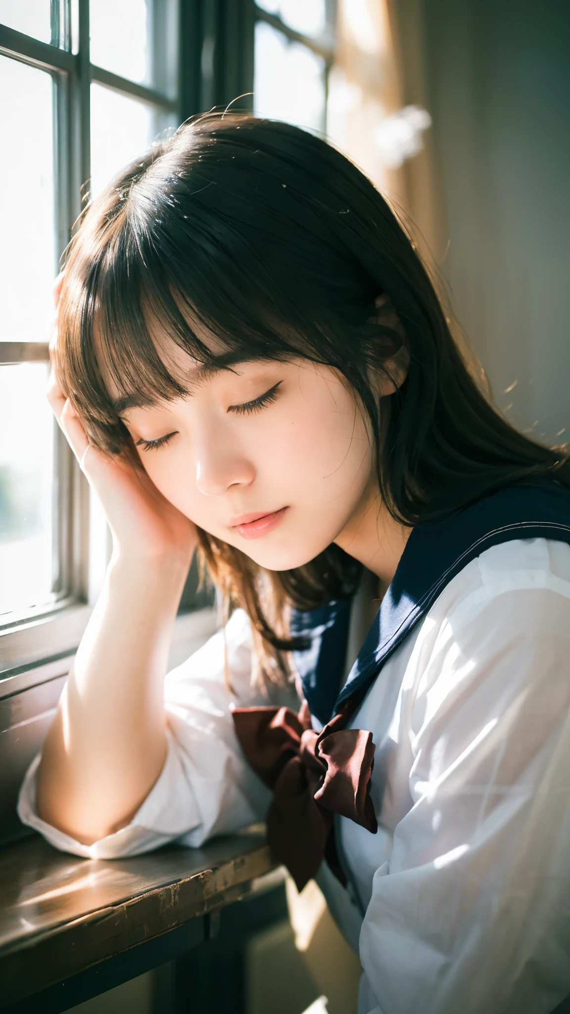 (highest quality,masterpiece:1.3,Ultra-high resolution),(Super detailed,Caustics,8k),(Photorealistic:1.4,RAW shooting),(School classroom),(Girl sleeping with her head on the desk:1.2),Sit on a chair,18-year-old,Japanese,Short black hair,(cute sleeping face),(Eyes closed:1.1),Sailor suit,(The light coming in from the window illuminates the girl:1.1),(Curtains fluttering in the wind),(Bust up shot),(Face Focus:1.1),(Face close up:1.1),Natural light