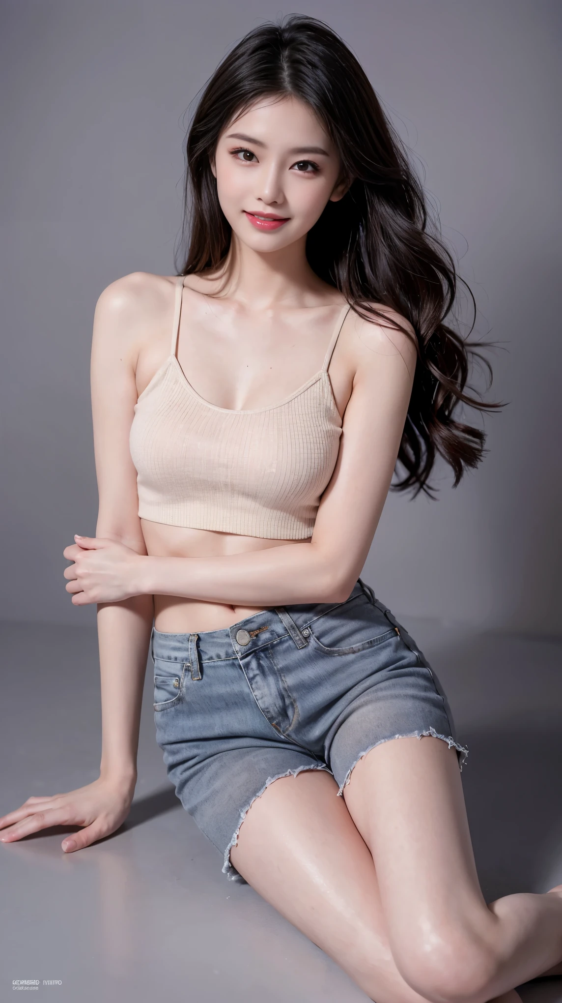 highest quality,masterpiece,Ultra-high resolution,Original photo,Ultra-high resolution，Beautiful woman 25 years old woman&#39;Fashion that was popular in the 1990s，Long legs:1.5，Shorts，Full Body，Flashy makeup using red eyeshadow，Big smile，Short cut with subtle side waves，Gray background，