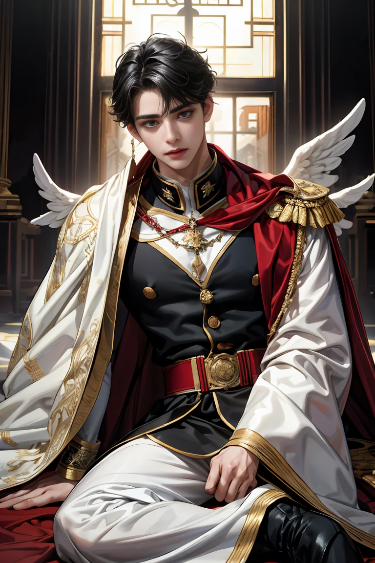 
masterpiece, 最high quality, high quality, 1 boy, alone, Male focus, Watching the audience,  Messy black hair, blue adorable big eyes, White, Noble, Noble, Beautiful angel、A very big, very big, very big, very long, long red and black cape made with a lot of fabric that reaches all the way down to the floor, ,cute beautiful boy,Cute, cute, kind, handsome guy