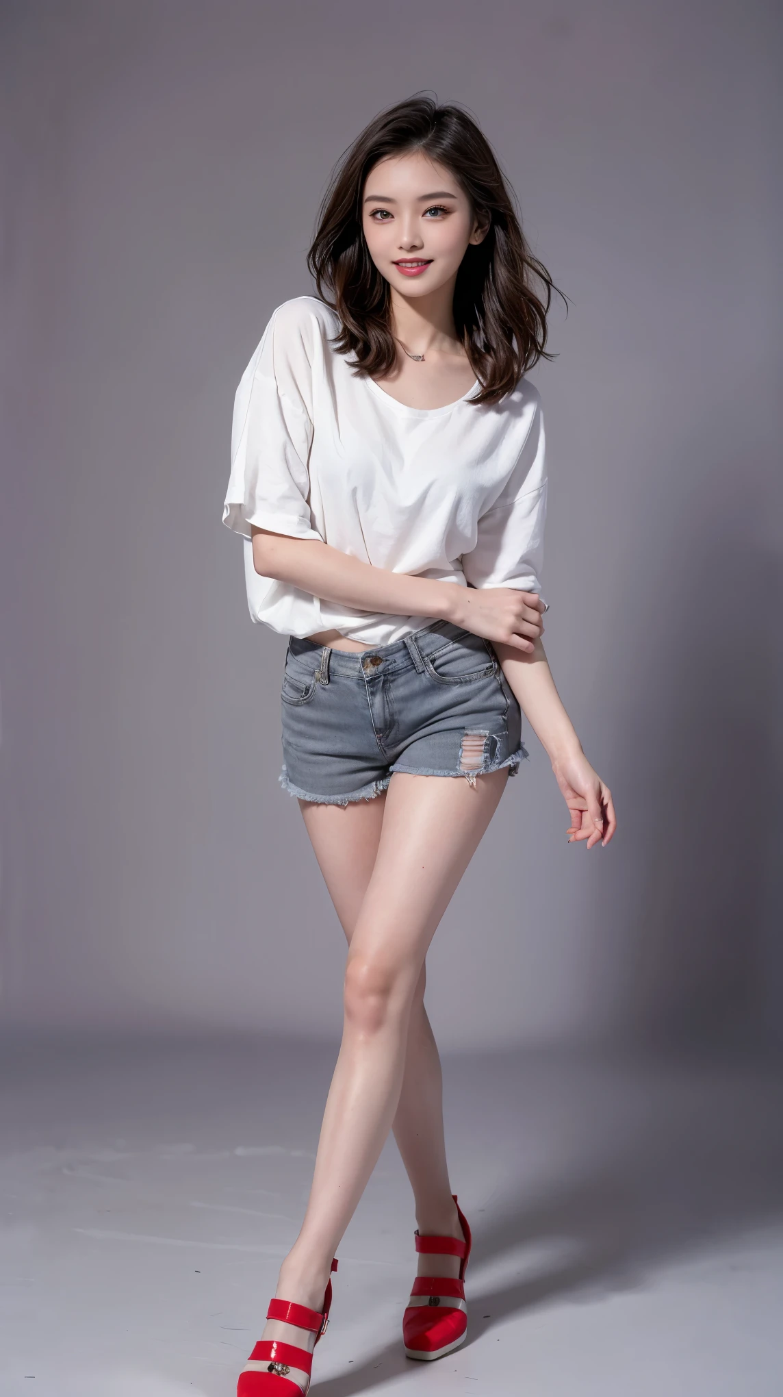 highest quality,masterpiece,Ultra-high resolution,Original photo,Ultra-high resolution,Beautiful woman 25 years old woman'Fashion that was popular in the 1990s,Long legs:1.5,Shorts,Full Body,Flashy makeup using red eyeshadow,Big smile,Short cut with subtle side waves,Gray background,