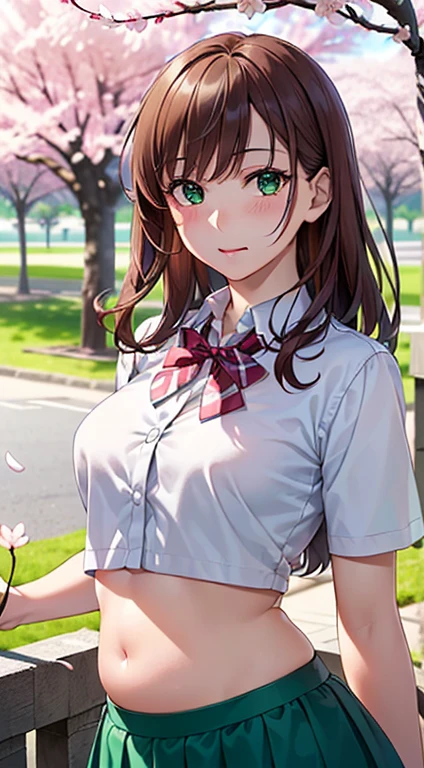 ((masterpiece, highest quality, High resolution, Hyper HD, Pixel perfect, Depth of written boundary, 4K, RTTX 10.0, High resolution))), One girl, single, alone, Beautiful Anime Girls, Beautiful art style, Anime Figures, ((Long Hair, bangs, Brown Hair, Curly Hair:0.8)), ((Green Eyes:1.4, Round eyes, Beautiful eyelashes, Realistic eyes)), ((Detailed face, Blushing:1.2)), ((Smooth texture:0.75, Realistic texture:0.65, Realistic:1.1, Anime CG Style)), Medium chest, Dynamic Angle, Perfect body, ((viewing angle, Dynamic pose, Portraiture)), ((Red bow tie, , white thin short shirt, Belly button、Thin skirt in white)), smile, Open your mouth, amusement park, ((Cherry tree, Cherry blossoms fall)), Natural light, Bright sky, sunlight