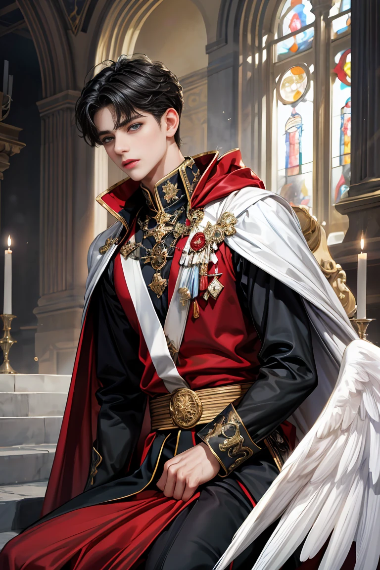 masterpiece, 最high quality, high quality, 1 boy, alone, Male focus, Watching the audience, Messy black hair, blue adorable big eyes, White, Noble, Noble, Beautiful angel、A very big, very big, very big, very long, long red and black cape made with a lot of fabric that reaches all the way down to the floor, s old,cute beautiful boy,cute cute handsome boy