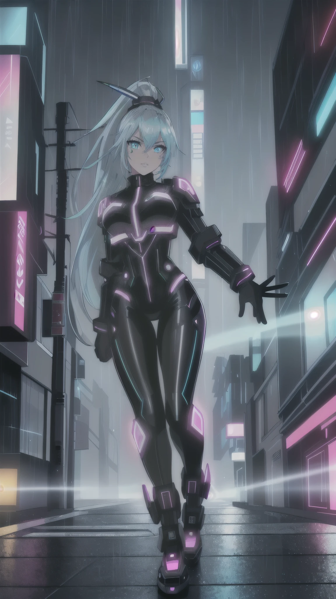 (best quality,4k,8k,highres,masterpiece:1.2),ultra-detailed,(female protagonist,cyber punk style,beautiful detailed eyes,beautiful detailed lips,futuristic neon motorcycle,glowing neon lights , glowing neon eyes, neon glowing lips,ultra long hair ponytail,cityscape background,vivid colors,portraits,sci-fi,sharp focus,physically-based rendering,shiny metallic textures,strong contrast,edgy clothing,dark alleys,graffiti art,street art elements,high-tech gadgets,urban environment,nighttime scene,rainy weather,blurred romantic lights,urban decay aesthetic,electric atmosphere,smoke and fog effects,dynamic pose.