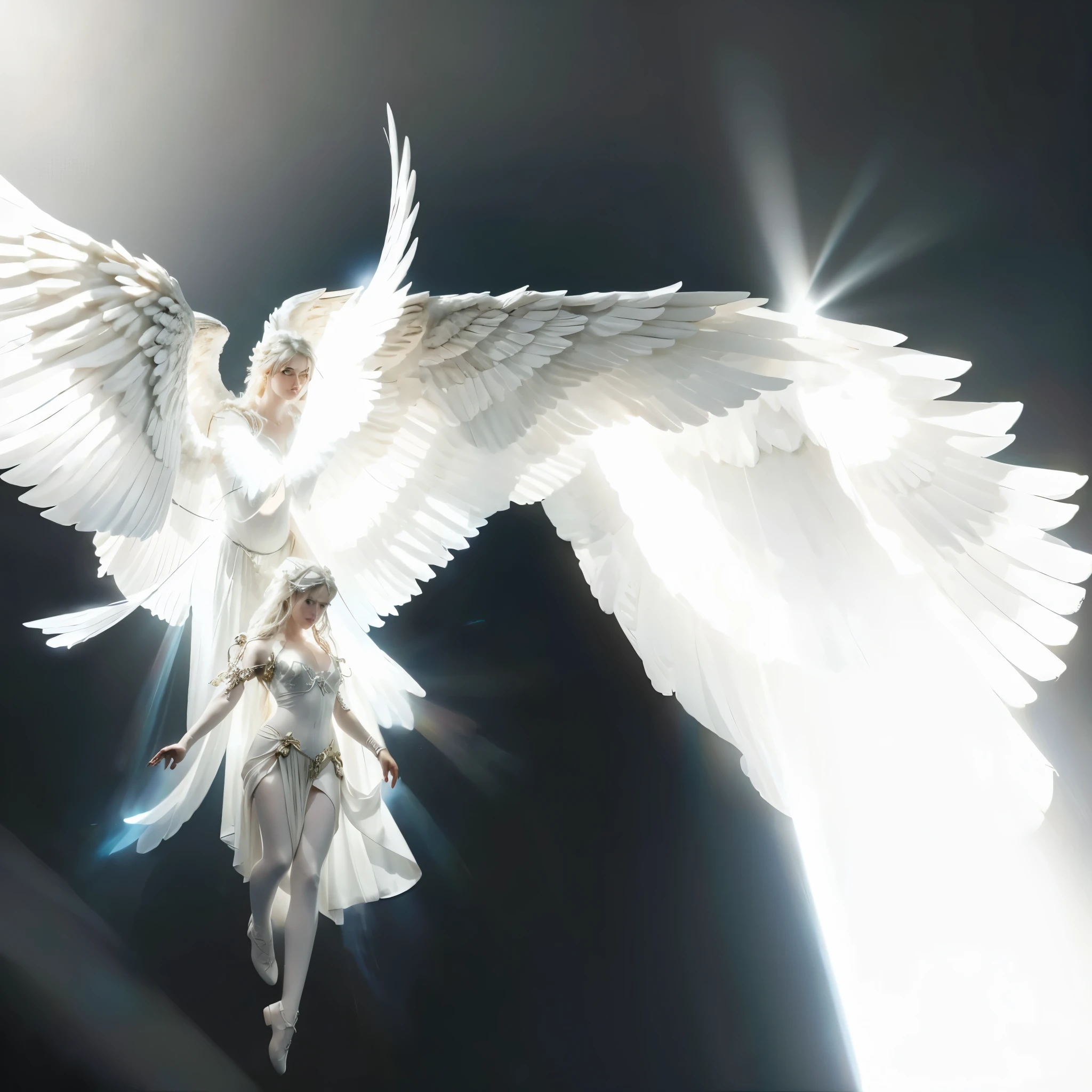 white bright glowing angel on black background, flying pose, beautiful woman angel, ascending, very big wings, giantic angel wings, closeup angel wings, angel is light source, over exposured angel, masterpiece photo, photorealism, detailed angel wings