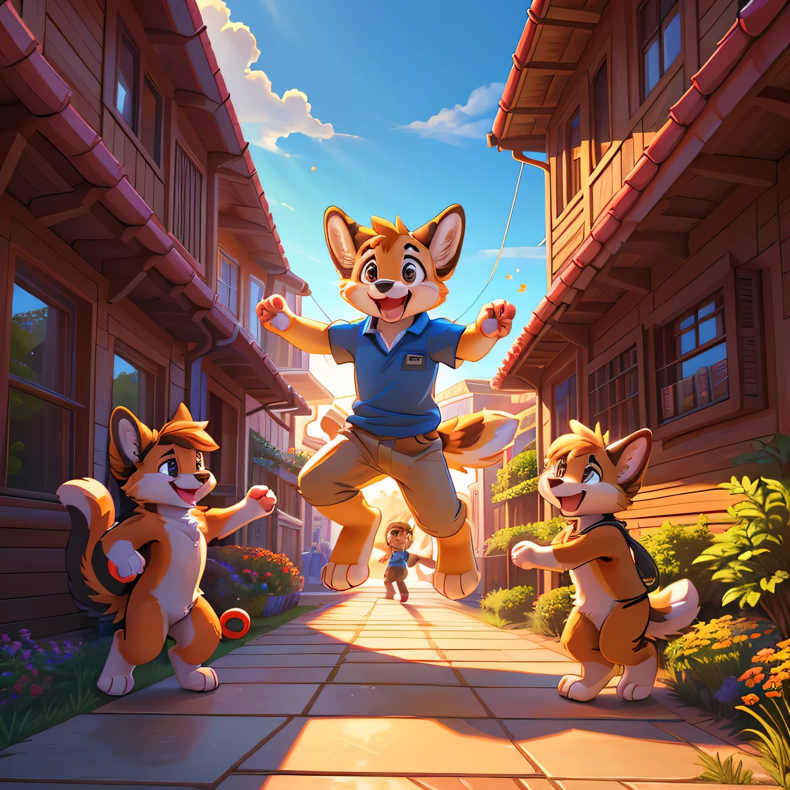 children playing, (beautifully illustrated with, playful atmosphere, vector quantity, illustrations,detailed characters,excited expressions,happy children, world, cheerful mood, joyful activities, kids having fun,outdoor scene,lively background,pets,interacting with kids,enjoying the moment) (best quality,ultra-detailed,highres,professional:1.2),HDR, soft lighting,expressive and dynamic poses,