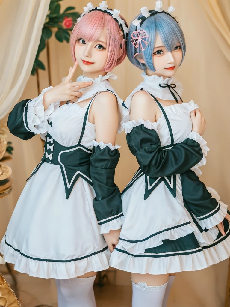 (8K, Photorealistic, Raw photo, of the highest quality: 1.3), (1girl in), Super beautiful, (Realistic face), (boyish, pink Color Berry Shorthair), Beautiful , Glare that captivates the viewer, Beautiful expression, Beautiful breasts, (Realistic skin), Be...Create a detailed and colorful image of Ram and Rem from Re:Zero, standing back-to-back in their maid outfits, with a magical fantasy background、14years old, two girls,cute, perfect face, beautiful, nice body, gothic lolita clothes, gothic lolita fashion, frilly skirt, headdress, necklace, bracelet, knee-high socks, boots, double eyelids, tear bags, Detailed down to the fingers, photo-like description, indoors, dim indoor lighting, one girl is pink hair and short bob, another girl is light blue hair and short bob,standing,whole body, composition that shows the whole body, smiling,The Both of them are wearing the same type of maid outfit,Optimal ratio of 4 fingers and 1 thumb