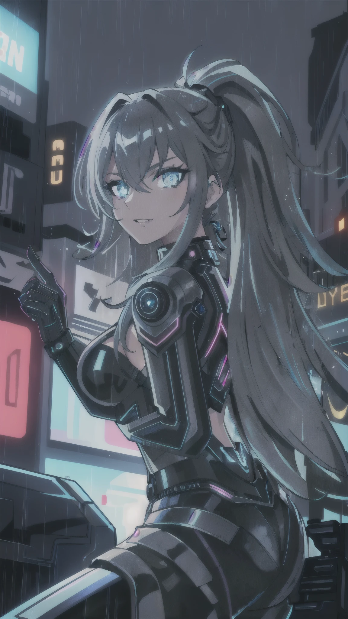 (best quality,4k,8k,highres,masterpiece:1.2),ultra-detailed,(female protagonist,cyber punk style,beautiful detailed eyes,beautiful detailed lips,futuristic neon motorcycle,glowing neon lights , glowing neon eyes, neon glowing lips,ultra long hair ponytail,cityscape background,vivid colors,portraits,sci-fi,sharp focus,physically-based rendering,shiny metallic textures,strong contrast,edgy clothing,dark alleys,graffiti art,street art elements,high-tech gadgets,urban environment,nighttime scene,rainy weather,blurred romantic lights,urban decay aesthetic,electric atmosphere,smoke and fog effects,dynamic pose.