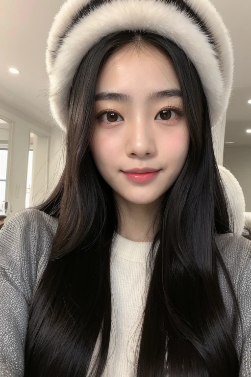Korean girl with aegyosal, white skin. Face angle, perfect face, cheeky smiles, wore baggy style clothes, Long hair natural black, detailed and symmetrical, oval and heart shaped facial shape, Hush cut hairstyles, highlight eyes symmetrical from the face angle, different camera angle. Wore fur hat, 