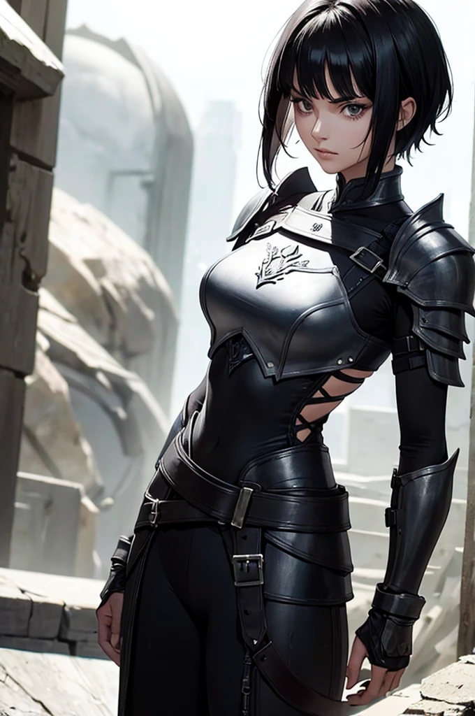 mulher jovem,short black hair , badass , full ancient armor