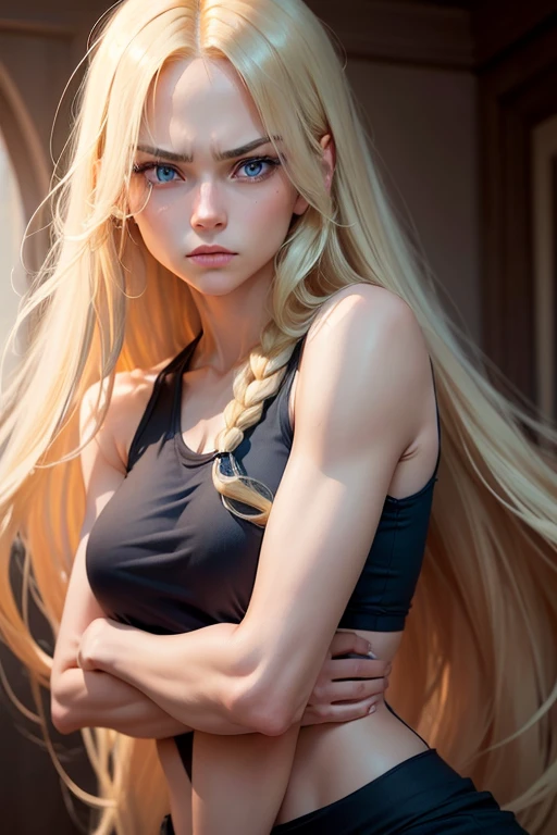 (woman with long blonde hair, dark blue eyes) (serious expression.) (black tank top) (trained)