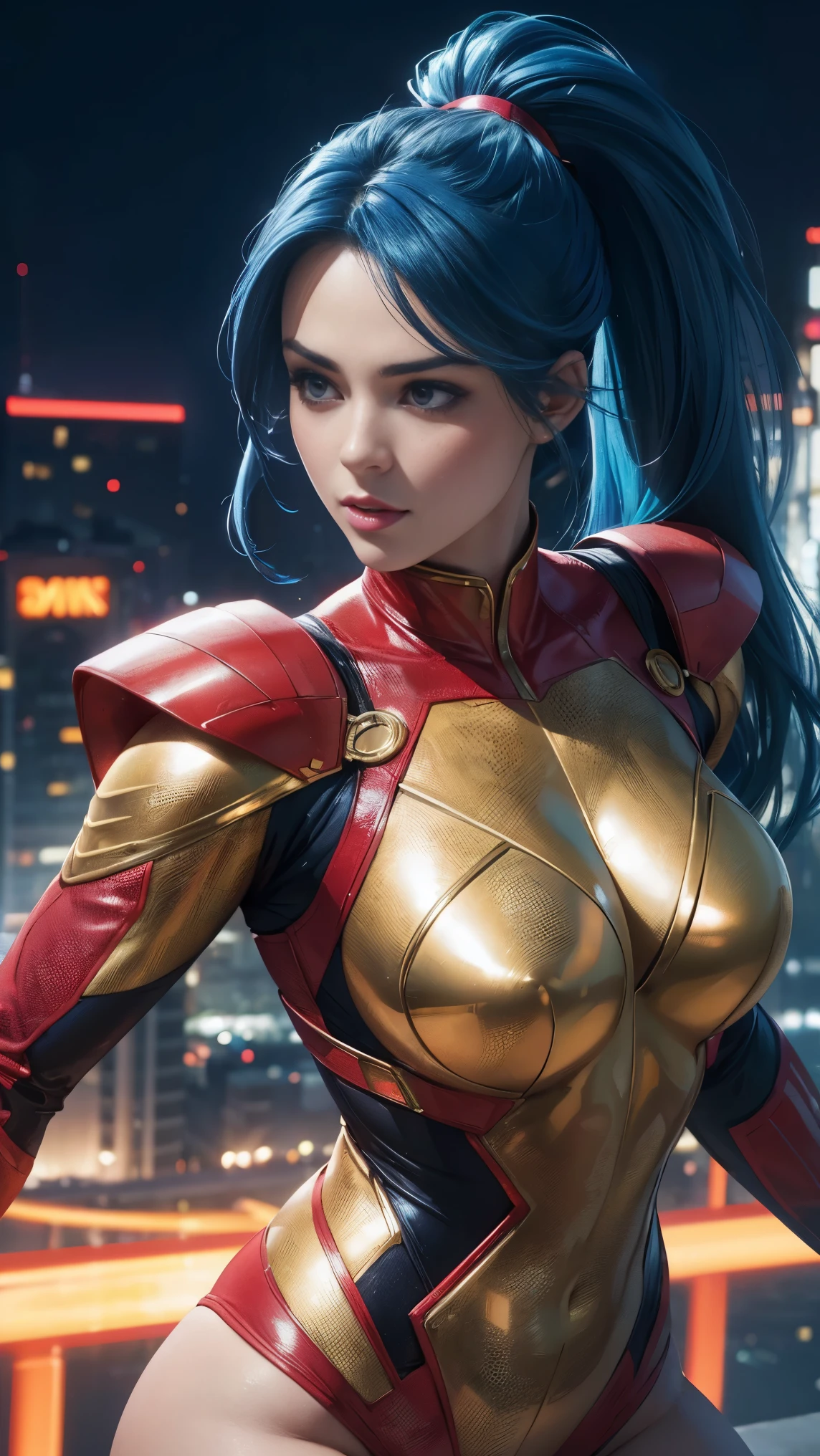 (best quality,4k,8k,highres,masterpiece:1.2),ultra-detailed,(realistic,photorealistic,photo-realistic:1.37), sexy superheroine, red, yellow, and silver outfit, cosmic powers, energy manipulation, vibrant and dynamic pose, shiny metallic textures, realistic facial expressions, flowing hair, dramatic lighting, intense action scene, cityscape background, high-tech gadgets, electric blue color scheme, vivid and saturated colors (blue hair) (ponytail)