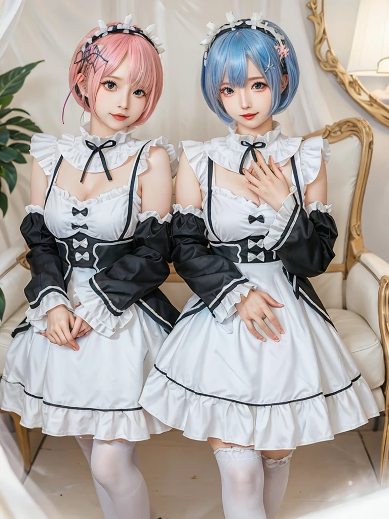 (8K, Photorealistic, Raw photo, of the highest quality: 1.3), (1girl in), Super beautiful, (Realistic face), (boyish, pink Color Berry Shorthair), Beautiful , Glare that captivates the viewer, Beautiful expression, Beautiful breasts, (Realistic skin), Be...Create a detailed and colorful image of Ram and Rem from Re:Zero, standing back-to-back in their maid outfits, with a magical fantasy background、14years old, two girls,cute, perfect face, beautiful, nice body, gothic lolita clothes, gothic lolita fashion, frilly skirt, headdress, necklace, bracelet, knee-high socks, boots, double eyelids, tear bags, Detailed down to the fingers, photo-like description, indoors, dim indoor lighting, one girl is pink hair and short bob, another girl is light blue hair and short bob,standing,whole body, composition that shows the whole body, smiling,The Both of them are wearing the same type of maid outfit,Optimal ratio of 4 fingers and 1 thumb