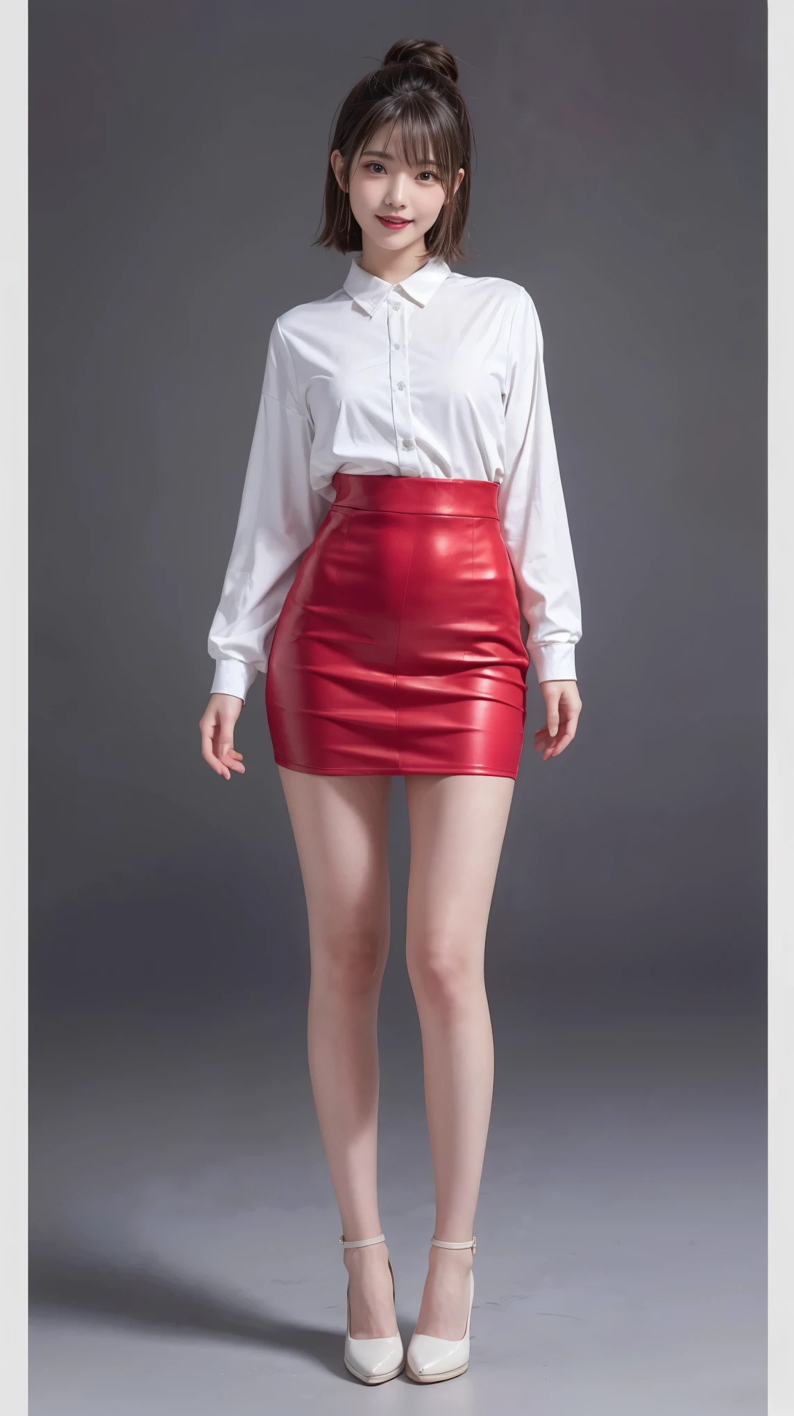highest quality,masterpiece,Ultra-high resolution,Original photo,Ultra-high resolution，Beautiful woman 25 years old woman&#39;Fashion that was popular in the 2000ini skirt，Clothing from the Heisei era in Japan，Long legs:1.5，high waist，Full Body，Flashy makeup using red eyeshadow，Big smile，Short cut with subtle side waves，whole body，Gray background，
