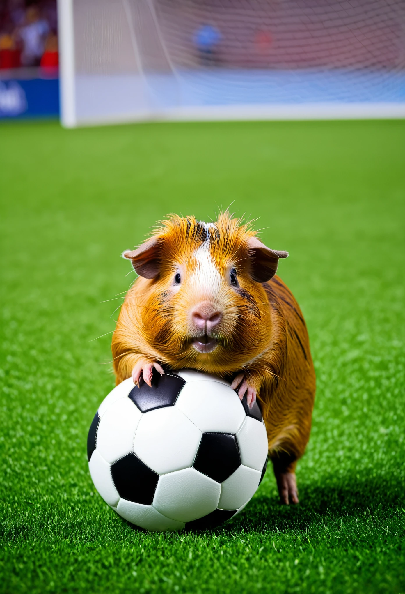 Guinea pig playing soccer as a mascot for a championship 