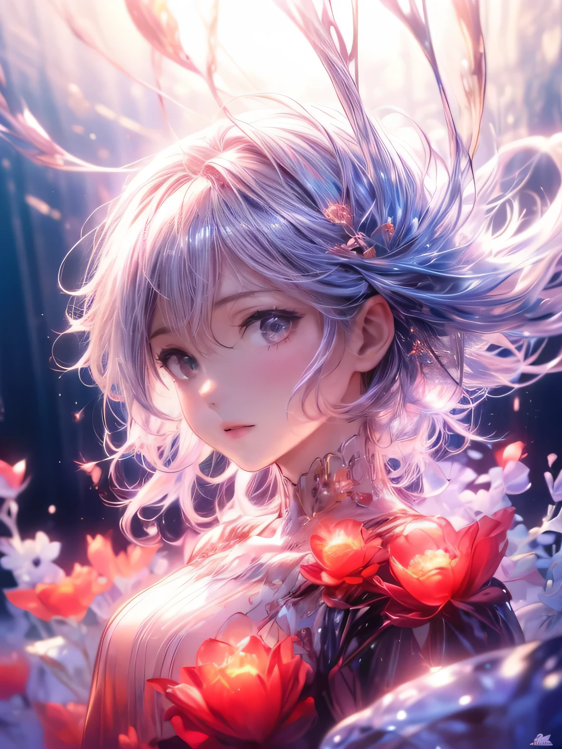 (cowboyshot), (a girl wearing) a transparent red dress resembling a jellyfish,(best quality,4k,8k,highres,masterpiece:1.2),ultra-detailed,ethereal lighting,flowing fabric effect,vivid colors,glowing jellyfish-like patterns,underwater scenery,wine red tones,delicate ripples and movements,hauntingly beautiful,(realistic,photorealistic,photo-realistic:1.37),dreamlike atmosphere,sparkling rays of sunlight,subtle reflections,soft focus,sublime elegance,graceful poses.octans