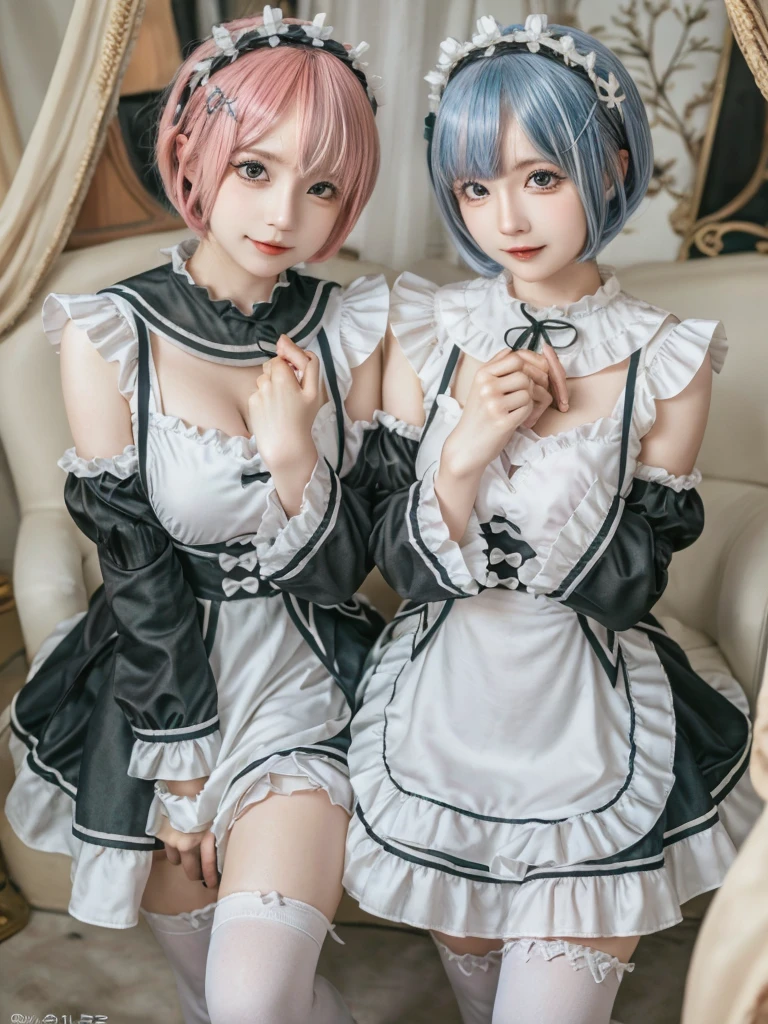 (8K, Photorealistic, Raw photo, of the highest quality: 1.3), (1girl in), Super beautiful, (Realistic face), (boyish, pink Color Berry Shorthair), Beautiful , Glare that captivates the viewer, Beautiful expression, Beautiful breasts, (Realistic skin), Be...Create a detailed and colorful image of Ram and Rem from Re:Zero, standing back-to-back in their maid outfits, with a magical fantasy background、14years old, two girls,cute, perfect face, beautiful, nice body, gothic lolita clothes, gothic lolita fashion, frilly skirt, headdress, necklace, bracelet, knee-high socks, boots, double eyelids, tear bags, Detailed down to the fingers, photo-like description, indoors, dim indoor lighting, one girl is pink hair and short bob, another girl is light blue hair and short bob,standing,whole body, composition that shows the whole body, smiling,The Both of them are wearing the same type of maid outfit,Optimal ratio of 4 fingers and 1 thumb