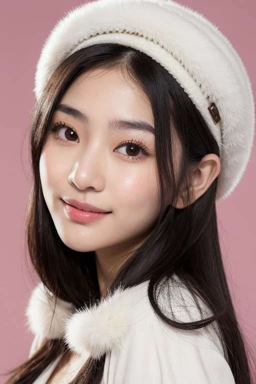 Korean girl with aegyosal, white skin. Face angle, perfect face, cheeky smiles, wore baggy style clothes, Long hair natural black, detailed and symmetrical, oval and heart shaped facial shape, Hush cut hairstyles, highlight eyes symmetrical from the face angle, different camera angle. Wore fur hat, normal eyelashes 