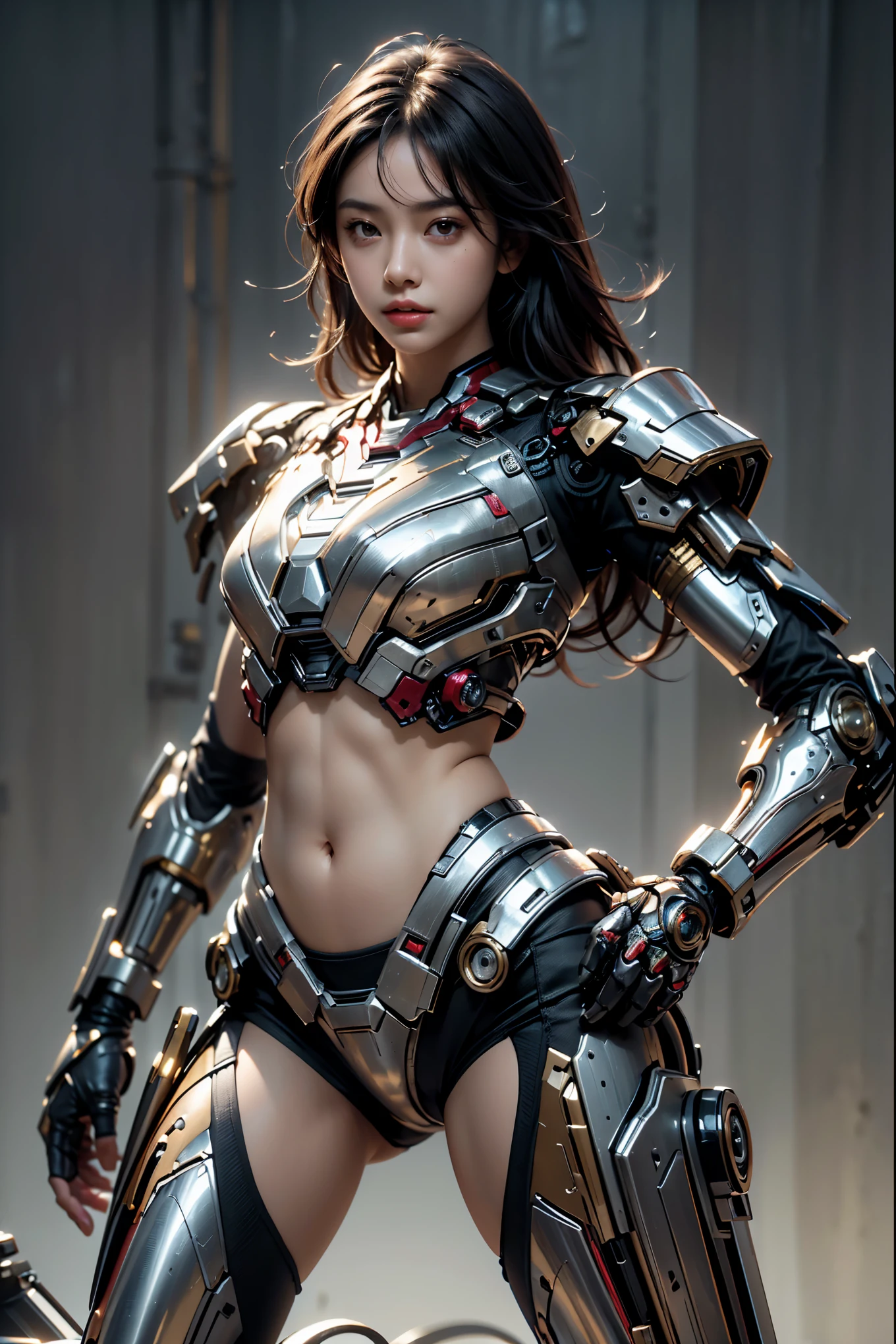1girl Wearing bikini Iron Man mecha,Like Iron Man,bikini armor, revealing a sexy lower abdomen, with full body metal armor, bare belly, belly open, Completely exposed abdomen,midriff,stomach,beautiful girl, super high resolution (photorealistic: 1.4), cosmetics, ground stay, realism, cinematic lighting, ray tracing, anatomically correct, textured skin, High Detail, Award Winning, Best Quality, 8K, Super Detailed, Stunningly Beautiful,, Dynamic Poses, Refined Faces, Vibrant Eyes, High Detailed Skin, Realistic Skin Details, Visible Pores, Sharp Focus, Volumetric Fog , 8k Ultra HD, DSLR, High Quality, Real Skin, Photo Realism, Photography,