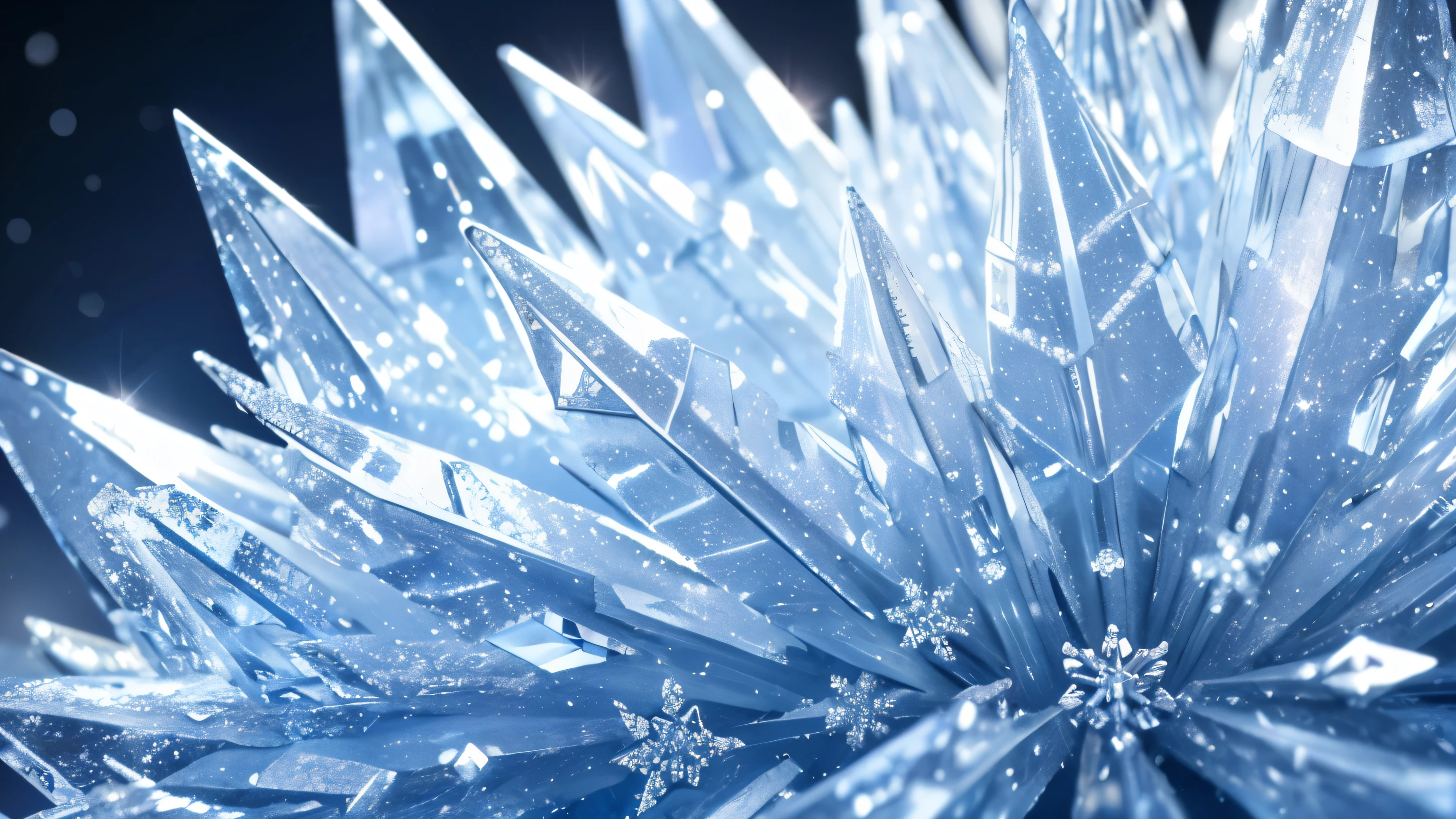 Close-up of a tree, Highly detailed mini ice spikes and crystals, Ice waterfall as background, Light reflected in ice crystals, Fluttering snowflakes.
