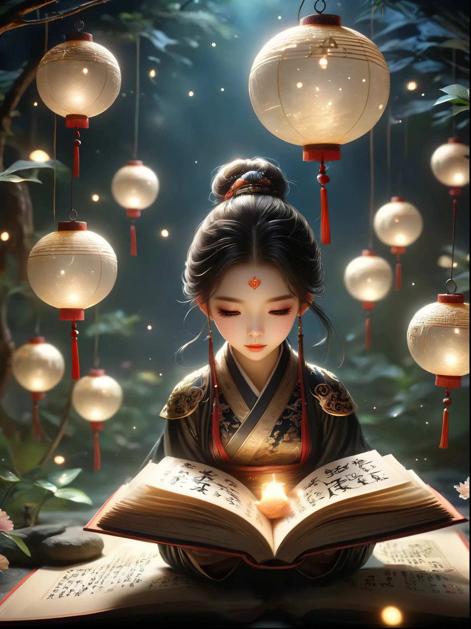 Three-dimensional ancient style，Romantic ancient style，Dark night shimmer，Elegant and simple，3 tiny people，Macro Photography，Suspension，Rolled up rice paper filled with calligraphy，High Angle Shot，Depth of Field，Bioluminescence，Chen Jia Leng，Quiet atmosphere，Fantastic，Exquisite details，Graphic illustration，Fluorescent Color，Anime Characters，Backlight，The book is very busy and the heart is shining，Beige tones，Concept Design，Decorative illustrations，Rich，Micro Rendering，Movie Light