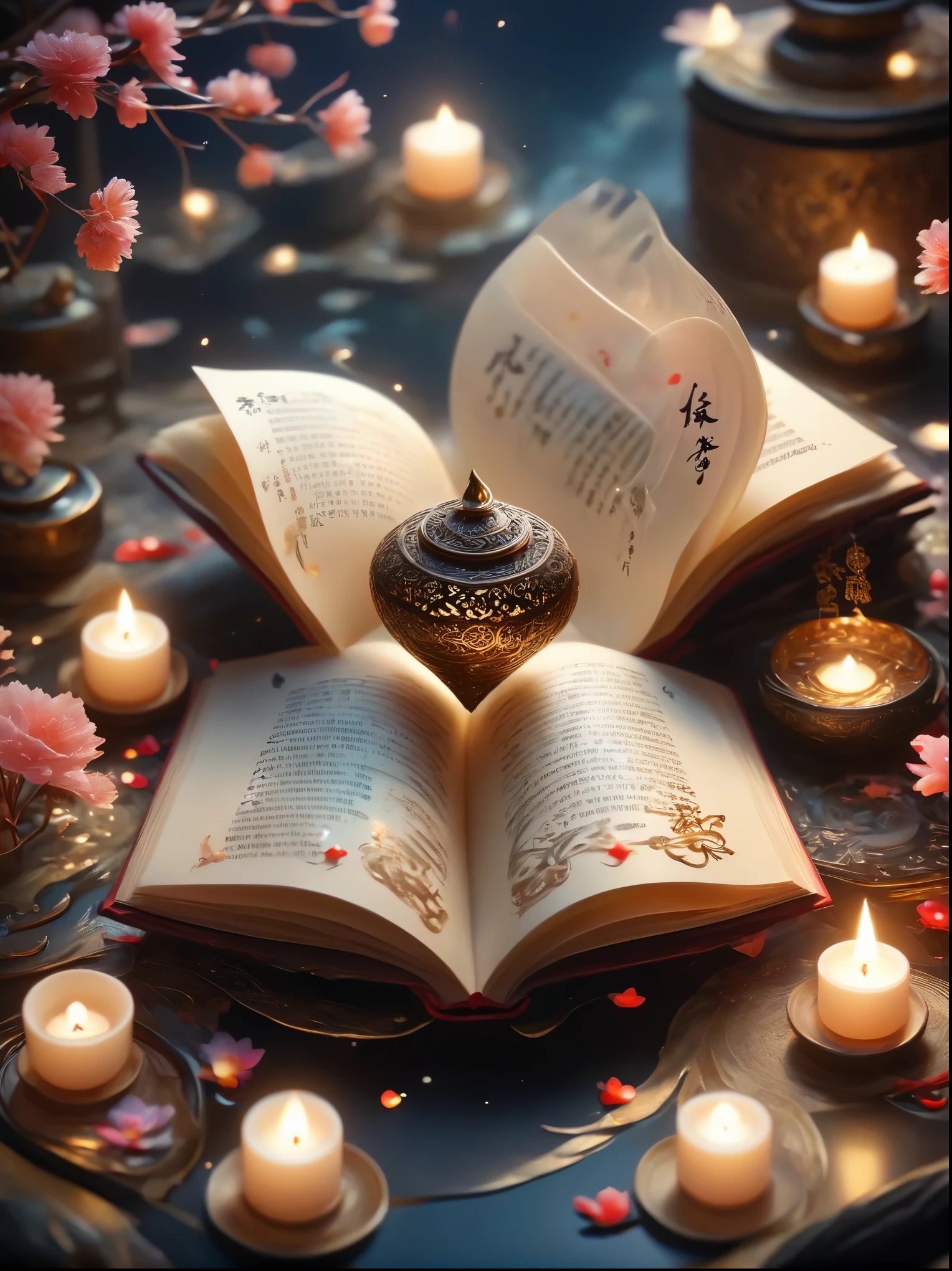 Three-dimensional ancient style,Romantic ancient style,Dark night shimmer,Elegant and simple,3 tiny people,Macro Photography,Suspension,Rolled up rice paper filled with calligraphy,High Angle Shot,Depth of Field,Bioluminescence,Chen Jia Leng,Quiet atmosphere,Fantastic,Exquisite details,Graphic illustration,Fluorescent Color,Anime Characters,Backlight,The book is very busy and the heart is shining,Beige tones,Concept Design,Decorative illustrations,Rich,Micro Rendering,Movie Light