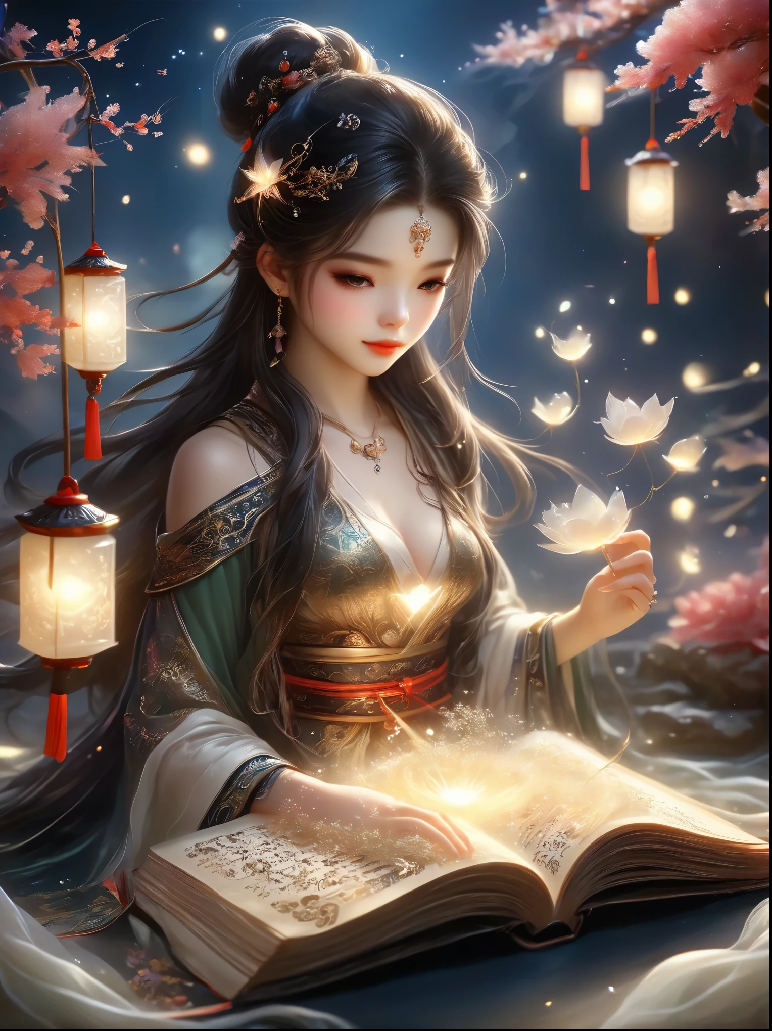 Three-dimensional ancient style,Romantic ancient style,Dark night shimmer,Elegant and simple,3 tiny people,Macro Photography,Suspension,Rolled up rice paper filled with calligraphy,High Angle Shot,Depth of Field,Bioluminescence,Chen Jia Leng,Quiet atmosphere,Fantastic,Exquisite details,Graphic illustration,Fluorescent Color,Anime Characters,Backlight,The book is very busy and the heart is shining,Beige tones,Concept Design,Decorative illustrations,Rich,Micro Rendering,Movie Light