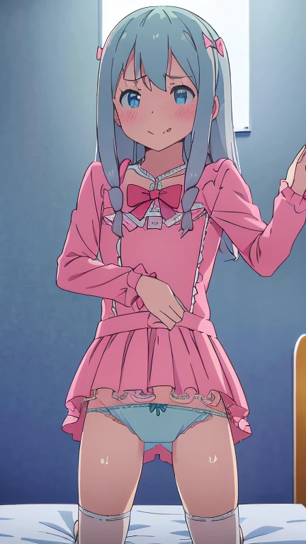 Browsing Caution,One girl,One boy,izumi sagiri, Masamune Izumi,masterpiece,Eromanga Sensei, Gray Hair, pink clip, Hair Bow, smile, cute, Panty shot, Flat Chest, Pink income,blue lace ruffle panties,blue lace ruffle bit,Bedroom,On the bed,Kneel,One boy,1 penis,Vaginal,Sex, Panty shot, girl trembling with Sexual climax,Sweat, Open your mouth,Blowjob,Cum on tongue,Kneel