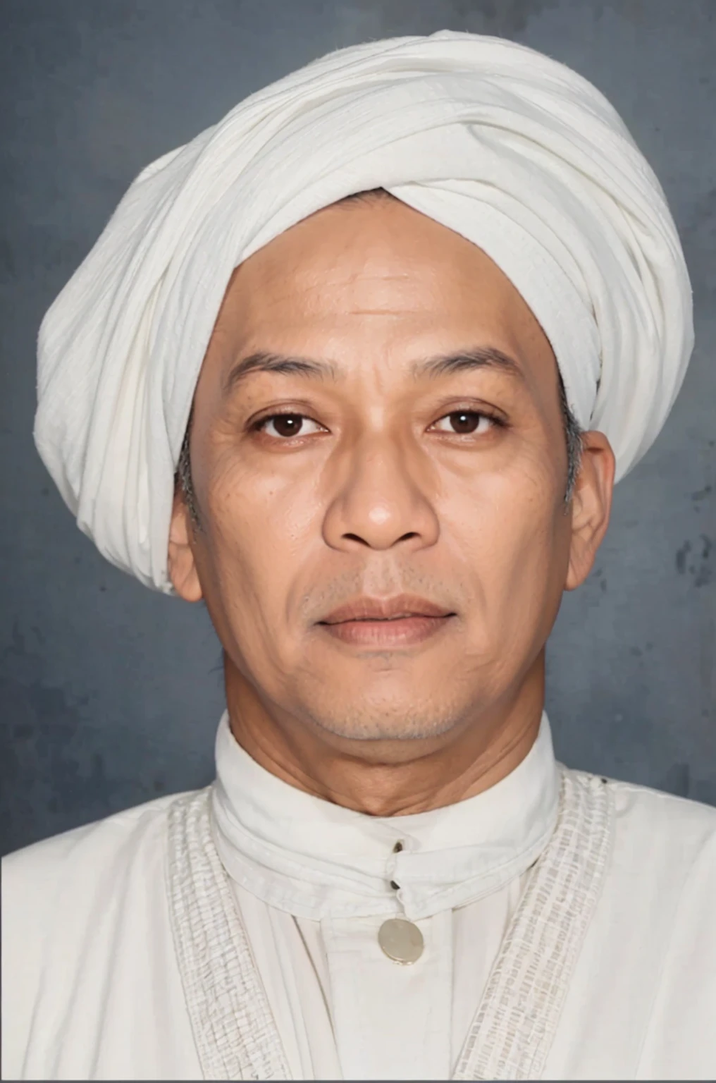 60 year old Indonesian Muslim man wearing a white turban and white robe looks clear and very realistic in ultra HD 32k quality