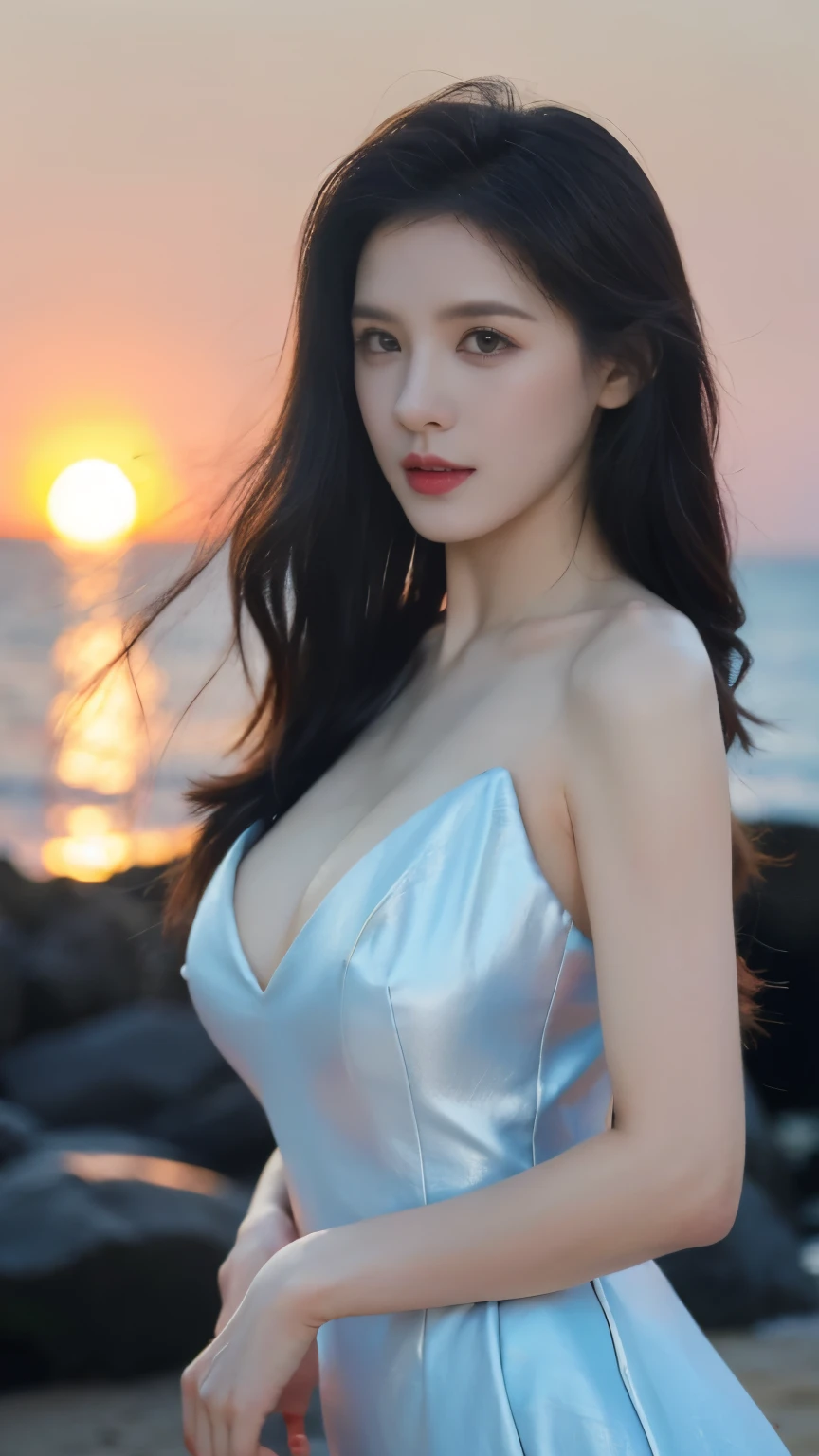 ((best quality, 8k, masterpiece :1.3)),(Practical, lifelike:1.4), original photo, high resolution,Standing， Beautiful woman，Have a perfect body :1.4, ((Large Breasts:1.5))，long hair，Light blue dress，at the seaside，At the beach，Sunrise The sun has just risen，Upper body photography，Eyes looking at camera，character-centered，Close-up shot，