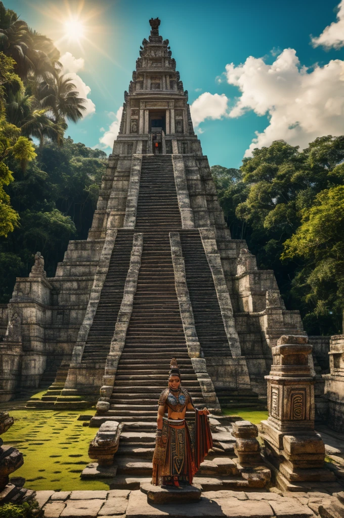 (best quality,4k,highres,masterpiece:1.2),ultra-detailed,(realistic,photorealistic:1.37),Mayan warriors standing atop a temple, detailed stone carvings, fierce expressions, intricate details, ancient civilization, historical background, powerful warriors, traditional clothing, stone steps, stone pillars, Mayan symbols, vibrant colors, surreal atmosphere, mystical aura, ancient wisdom, sunset glow, dramatic lighting