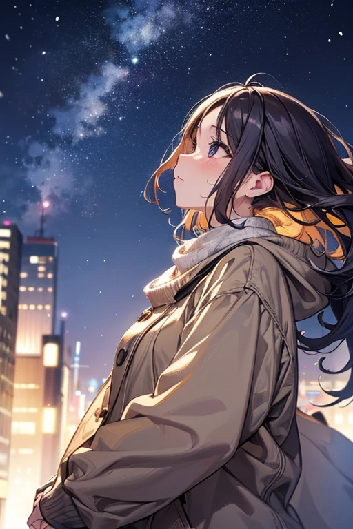 ((masuter piece、Best Quality))、A woman looking up at the sky with a sad face、The background is a winter city、Background bokeh