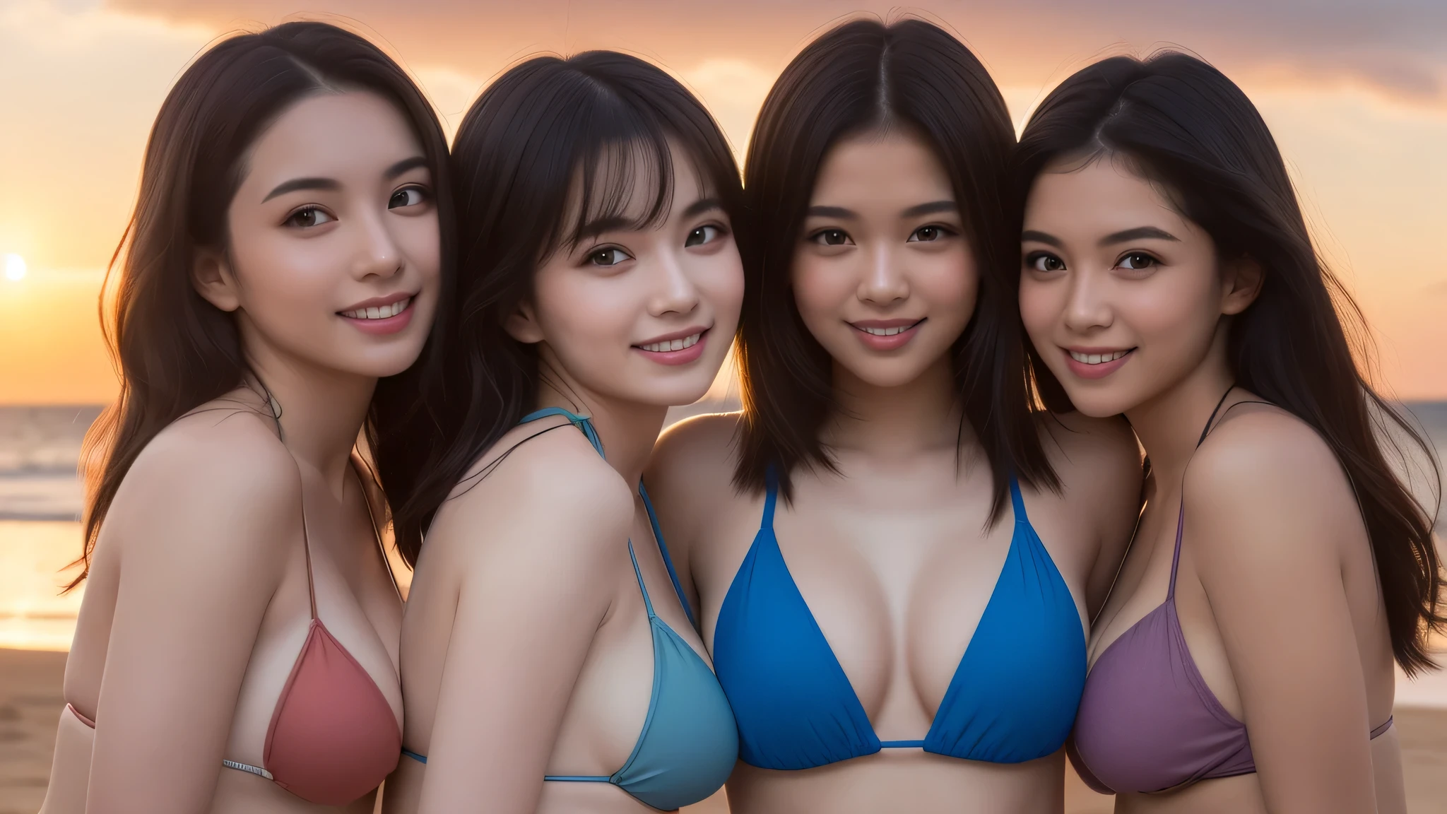 (3girl:1.2), (Medium Hair:1.3). (happy smile:1.2), (Best Quality:1.4), Realistic, extremely detailed CG unified 8k wallpaper, highly detailed, High-definition raw color photos, professional photography, Realistic portrait, Cinematic Light, Beautiful detailed, Beautiful breasts, (Fine face:1.2), Close up portrait of girl, (bikini:1.2), Outdoors, (beach), beautiful sunset sky, backlit, silhouette, (Evening sky dyed:1.4)