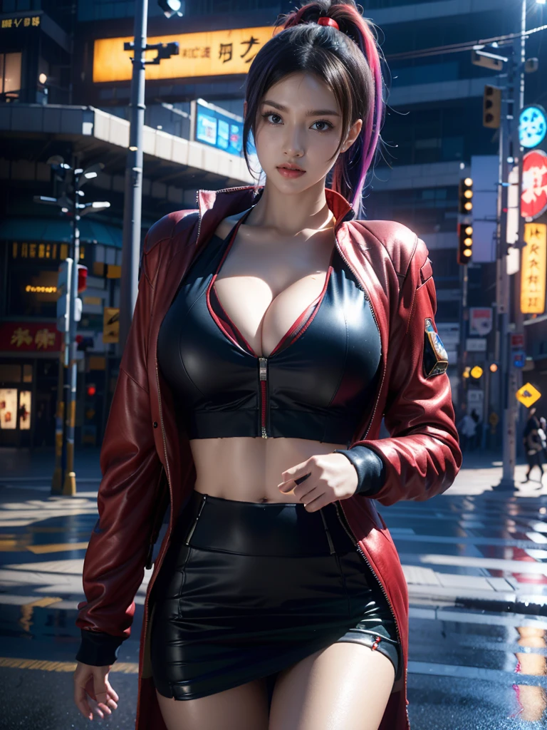 Game Art,Best picture quality,Maximum resolution,8k,Unreal Engine 5 rendering works, (Future Girl),(Female Warrior), 22-year-old young hacker),(Rainbow hair,Oriental hairstyle),((Red pupils:1.3)),(Beautiful eyes full of details),(Large Breasts),(Eyeshadow),Elegant and charming,indifferent,((anger)),(Futuristic cyberpunk jacket,Combined Armor,There are exquisite Chinese patterns on the clothes,The sparkle of jewelry),Cyberpunk Characters,Future Style, Photo poses,City background,Movie Lighting,Ray Tracing,Game CG,((3D Unreal Engine)),oc rendering reflection pattern