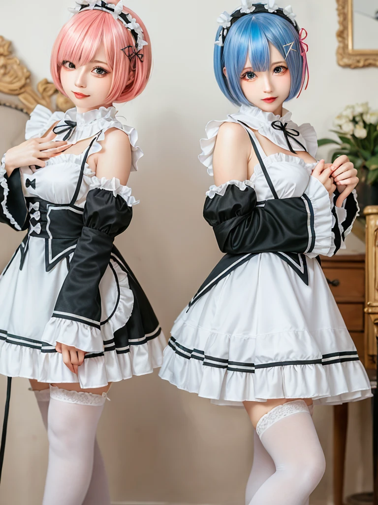 (8K, Photorealistic, Raw photo, of the highest quality: 1.3), (1girl in), Super beautiful, (Realistic face), (boyish, pink Color Berry Shorthair), Beautiful , Glare that captivates the viewer, Beautiful expression, Beautiful breasts, (Realistic skin), Be...Create a detailed and colorful image of Ram and Rem from Re:Zero, standing back-to-back in their maid outfits, with a magical fantasy background、14years old, two girls,cute, perfect face, beautiful, nice body, gothic lolita clothes, gothic lolita fashion, frilly skirt, headdress, necklace, bracelet, knee-high socks, boots, double eyelids, tear bags, Detailed down to the fingers, photo-like description, indoors, dim indoor lighting, one girl is pink hair and short bob, another girl is light blue hair and short bob,standing,whole body, composition that shows the whole body, smiling,The Both of them are wearing the same type of maid outfit,Optimal ratio of 4 fingers and 1 thumb