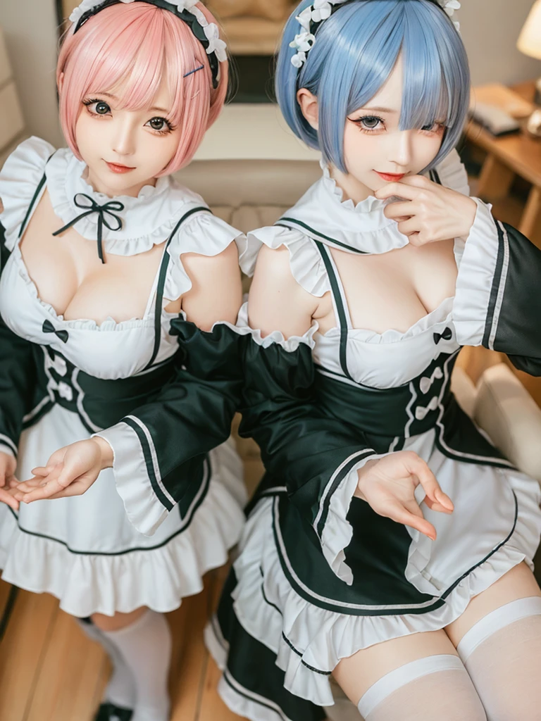 (8K, Photorealistic, Raw photo, of the highest quality: 1.3), (1girl in), Super beautiful, (Realistic face), (boyish, pink Color Berry Shorthair), Beautiful , Glare that captivates the viewer, Beautiful expression, Beautiful breasts, (Realistic skin), Be...Create a detailed and colorful image of Ram and Rem from Re:Zero, standing back-to-back in their maid outfits, with a magical fantasy background、14years old, two girls,cute, perfect face, beautiful, nice body, gothic ta clothes, gothic loliashion, frilly skirt, headdress, necklace, bracelet, knee-high socks, boots, double eyelids, tear bags, Detailed down to the fingers, photo-like description, indoors, dim indoor lighting, one girl is pink hair and short bob, another girl is light blue hair and short bob,standing,whole body, composition that shows the whole body, smiling,The Both of them are wearing the same type of maid outfit,Optimal ratio of 4 fingers and 1 thumb