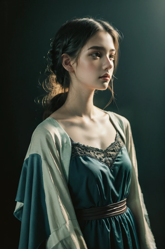 ( masterpiece, top quality, best quality,8k,17 years old girl,ultra detailed,raw photo:1.5),(photorealistic:1.4), (cinematic lighting), PerfectNwsjMajic, , Surrealism, UHD, ccurate, Super detail, textured skin, High detail, Best quality, dynamic angle, White skin,[Beautiful blue eyes], high nose,[flat chest:large breasts:0.5],(1girl),(good anatomy:0.5)), Dreamy atmosphere, Dark background, expressive brush strokes, mystical ambiance, Artistic interpretation, Stunning Studio Ghibli style costumes, a whimsical illustration, Subtle colors and tones, mystical aura, portrait