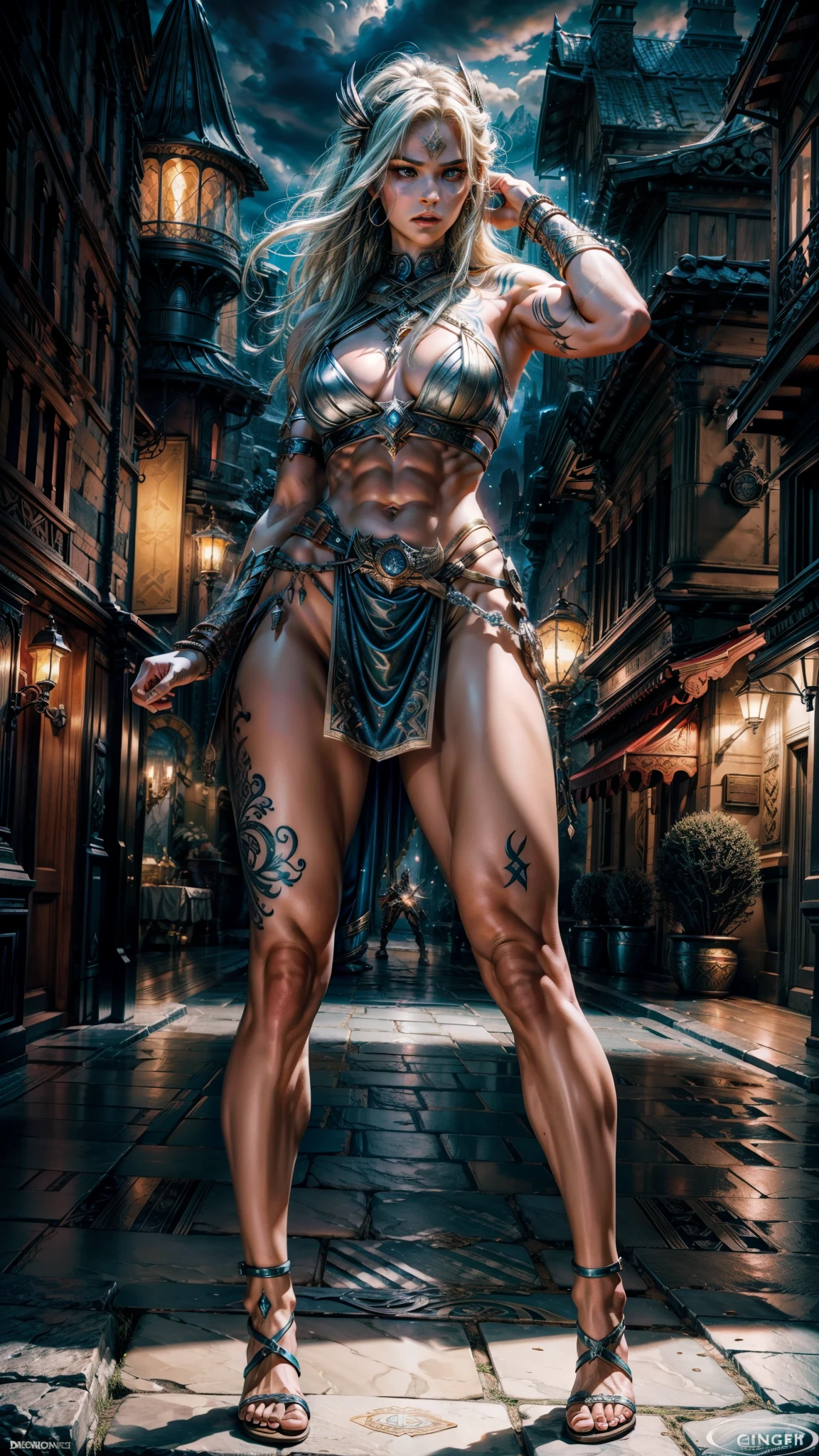 Asgard,Valkyrie,Senhora Cavaleiro,Anatomia correta,epic fantasy digital art,obra-prima,8k,high definition resolution,desenho detalhado,Qulidade Superior,, Epic composition, músculous body, tattoo on the muscular abdomen