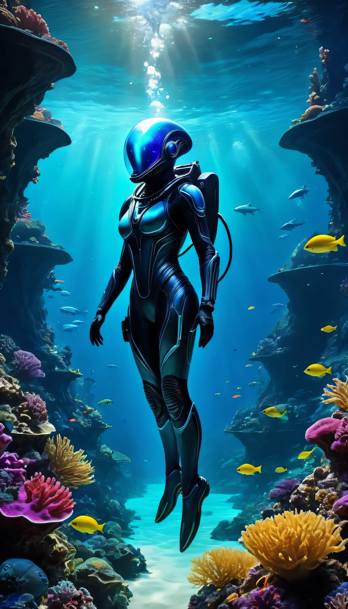 An alien diving in the deep sea,underwater exploration,beautiful colorful marine life,glowing coral reefs,bioluminescent creatures,alien technology,underwater spaceship,futuristic diving suit,alien's perspective,deep-sea darkness,mystical underwater environment,crystal clear water,mysterious underwater caves,alien's curiosity towards marine life,interaction with marine creatures,alien discovery of underwater treasures,alien's extraterrestrial presence in the deep sea,high-tech futuristic underwater lighting,alien's underwater communication device,underwater plants and vegetation,alien's ability to breathe underwater,alien's fascination with the vibrant colors of the deep sea,otherworldly creatures swimming around,alien's encounter with deep-sea giants,unexplored underwater ecosystems,alien's holographic navigation system,(best quality,4k,8k,highres,masterpiece:1.2),ultra-detailed,(realistic,photorealistic,photo-realistic:1.37),HDR,UHD,studio lighting,ultra-fine painting,sharp focus,physically-based rendering,extreme detail description,professional,vivid colors,bokeh,portraits,landscape,horror,anime,sci-fi,photography,concept artists,deep blue hues,diffused sunlight piercing through the water,alien's sense of wonder and awe.