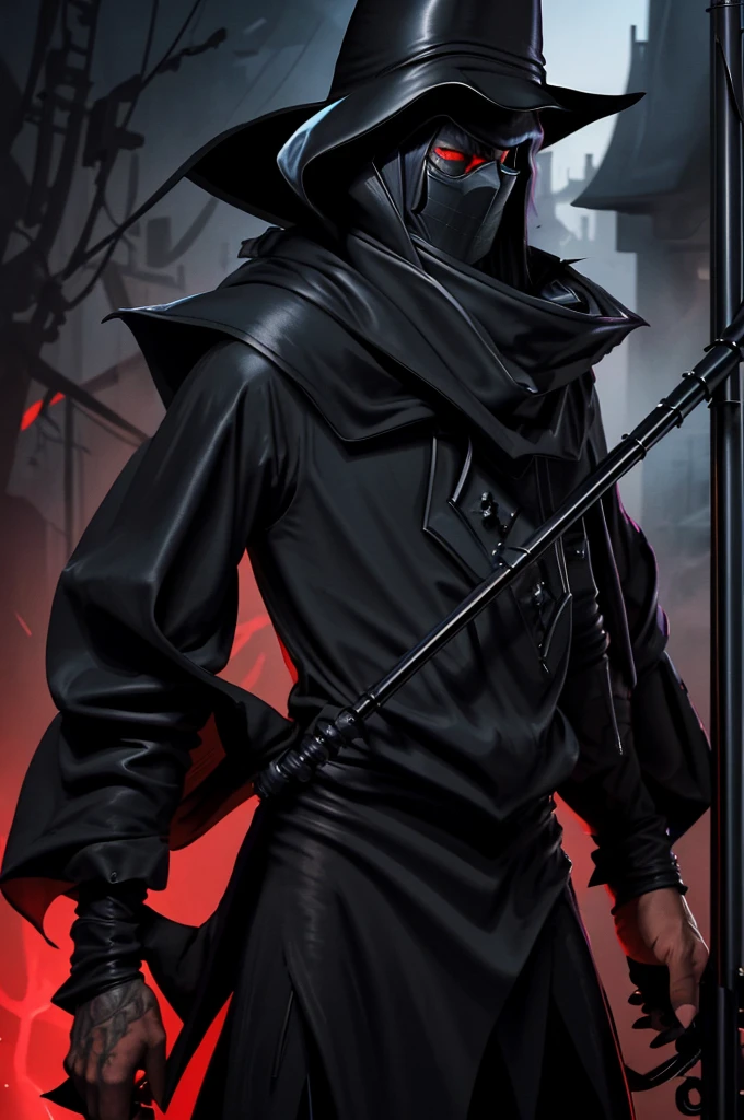 Cowboy, black cloak, black hat, black gang on, bounty hunter, rifle in hand, man gallows in the background, black mask, face not visible, red glowing eyes, gray skin