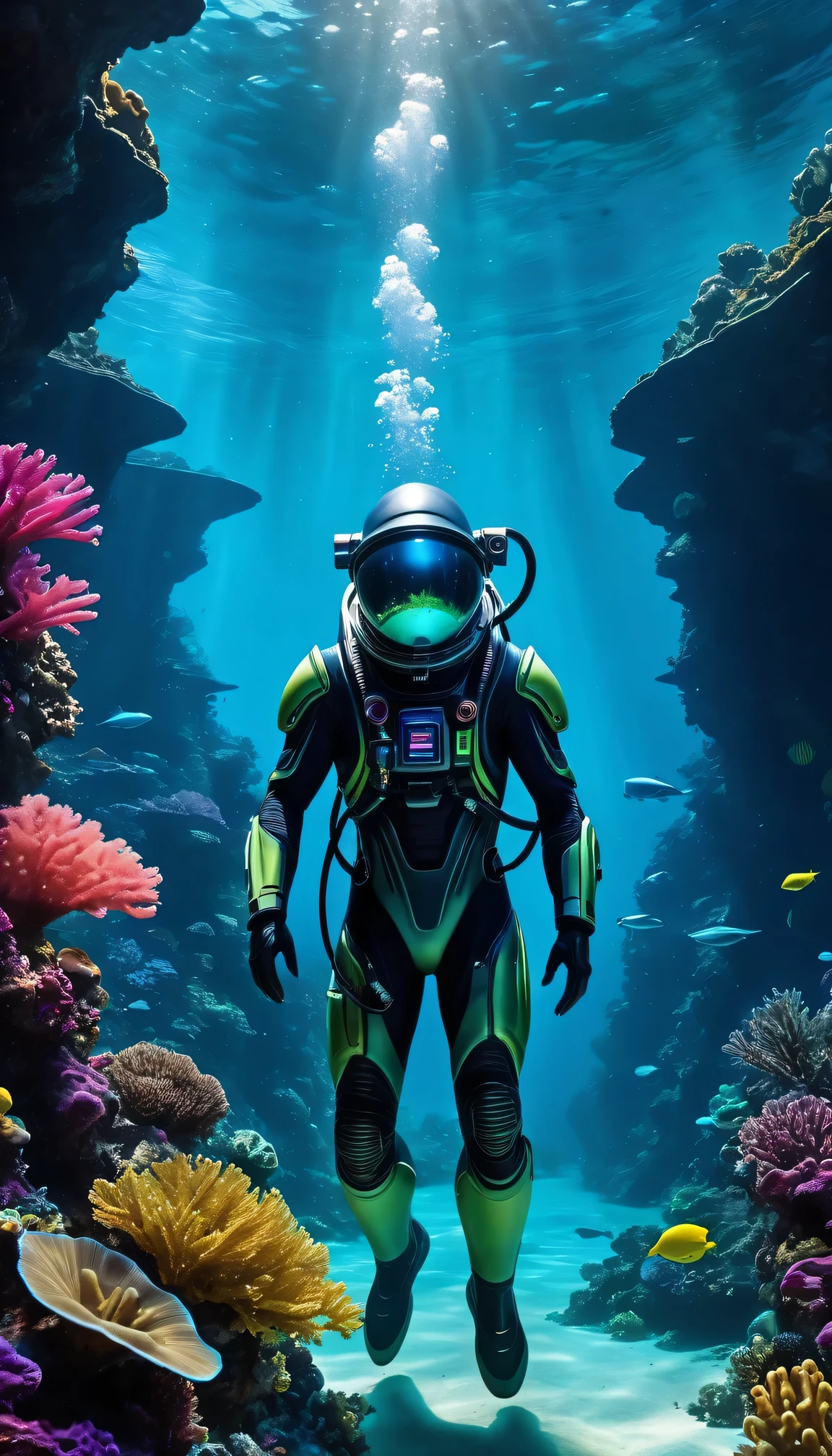 An alien diving in the deep sea,underwater exploration,beautiful colorful marine life,glowing coral reefs,bioluminescent creatures,alien technology,underwater spaceship,futuristic diving suit,alien's perspective,deep-sea darkness,mystical underwater environment,crystal clear water,mysterious underwater caves,alien's curiosity towards marine life,interaction with marine creatures,alien discovery of underwater treasures,alien's extraterrestrial presence in the deep sea,high-tech futuristic underwater lighting,alien's underwater communication device,underwater plants and vegetation,alien's ability to breathe underwater,alien's fascination with the vibrant colors of the deep sea,otherworldly creatures swimming around,alien's encounter with deep-sea giants,unexplored underwater ecosystems,alien's holographic navigation system,(best quality,4k,8k,highres,masterpiece:1.2),ultra-detailed,(realistic,photorealistic,photo-realistic:1.37),HDR,UHD,studio lighting,ultra-fine painting,sharp focus,physically-based rendering,extreme detail description,professional,vivid colors,bokeh,portraits,landscape,horror,anime,sci-fi,photography,concept artists,deep blue hues,diffused sunlight piercing through the water,alien's sense of wonder and awe.